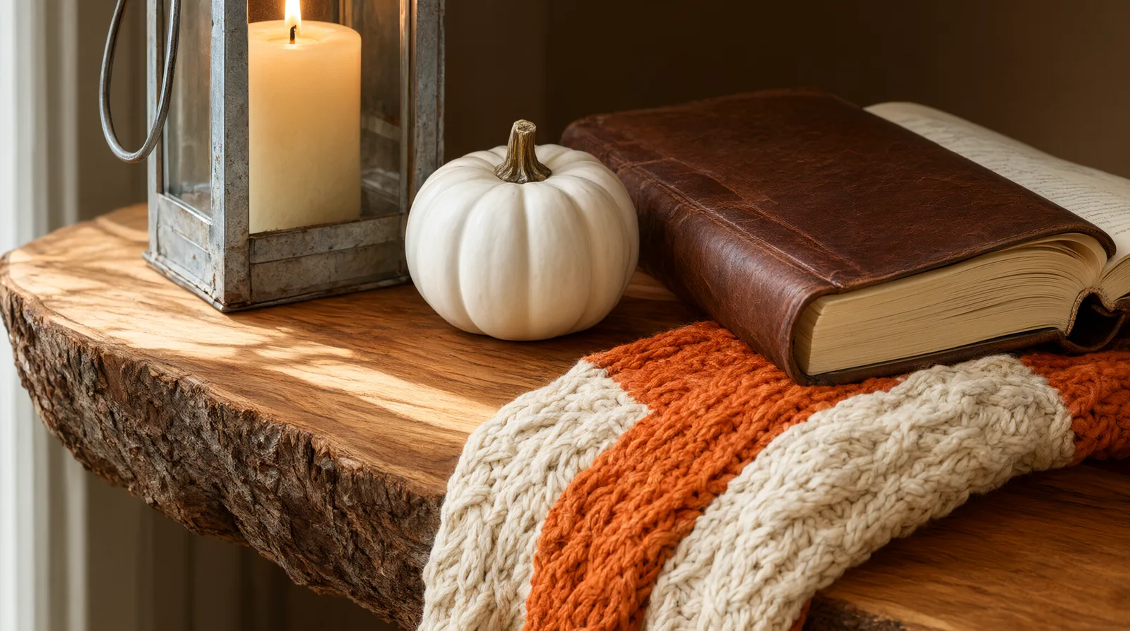Lower branch of a wooden tree bookshelf decorated for fall with a glowing lantern, ceramic pumpkin, and draped knitted throw.