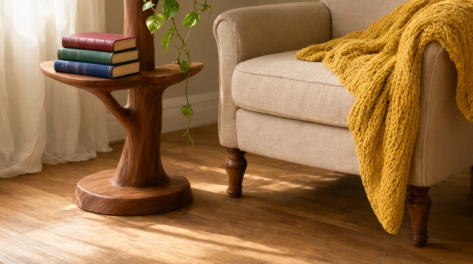 A wooden tree bookshelf with branching shelves displaying books and a plant in a sunlit corner next to a comfortable armchair with a throw b