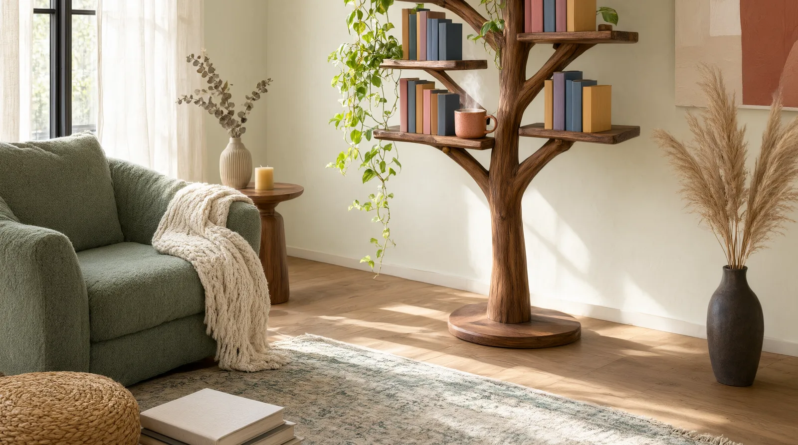 Wooden tree bookshelf styled with books, trailing plants, and a soft lamp in a cozy reading corner.