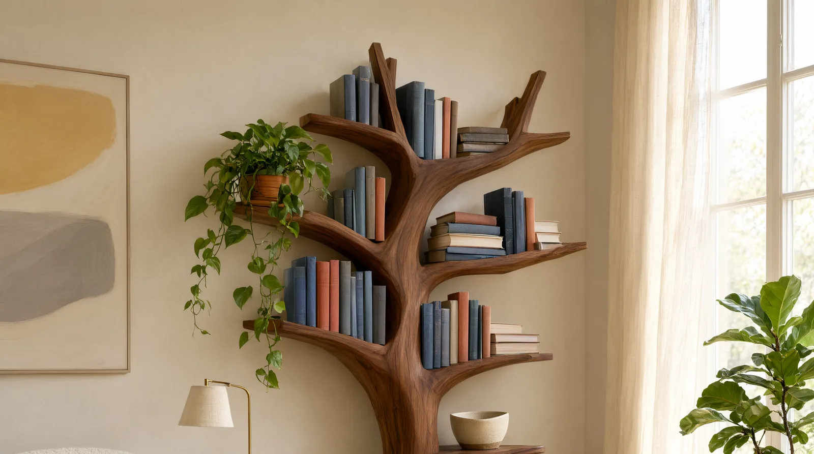A warmly lit living room corner where a sculptural wooden tree bookshelf holds curated books, trailing plants, and a ceramic vessel, with a