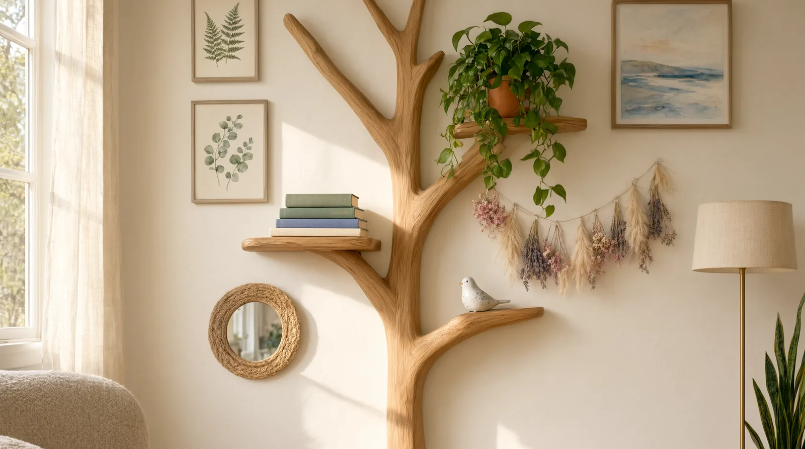 Living room corner showcasing a wooden tree bookshelf centered on a gallery wall with botanical prints, a round mirror, and a trailing plant