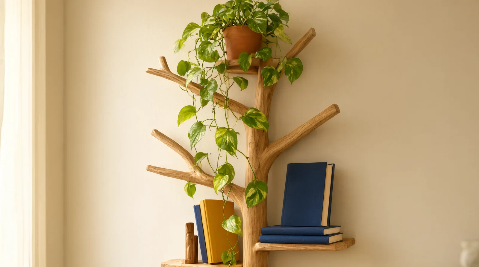 Wall-mounted wooden tree bookshelf in a small room, holding books and a plant, with a blurred cube organizer in the background.