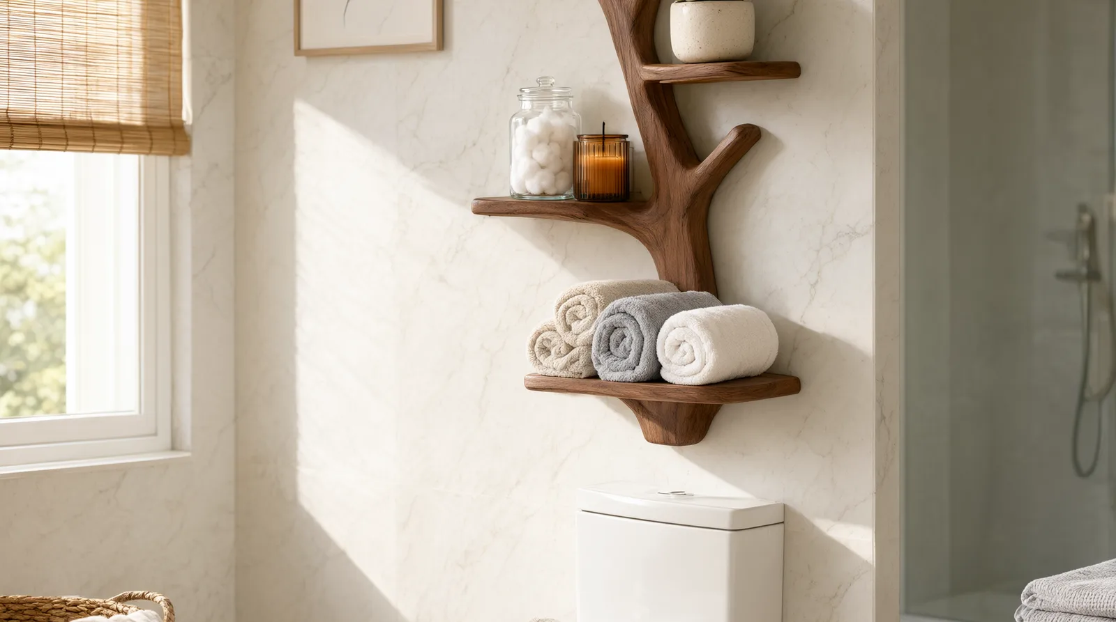 Small wooden tree wall bookshelf mounted in a bright bathroom above a toilet, styled with rolled white towels, a succulent plant, glass jar,