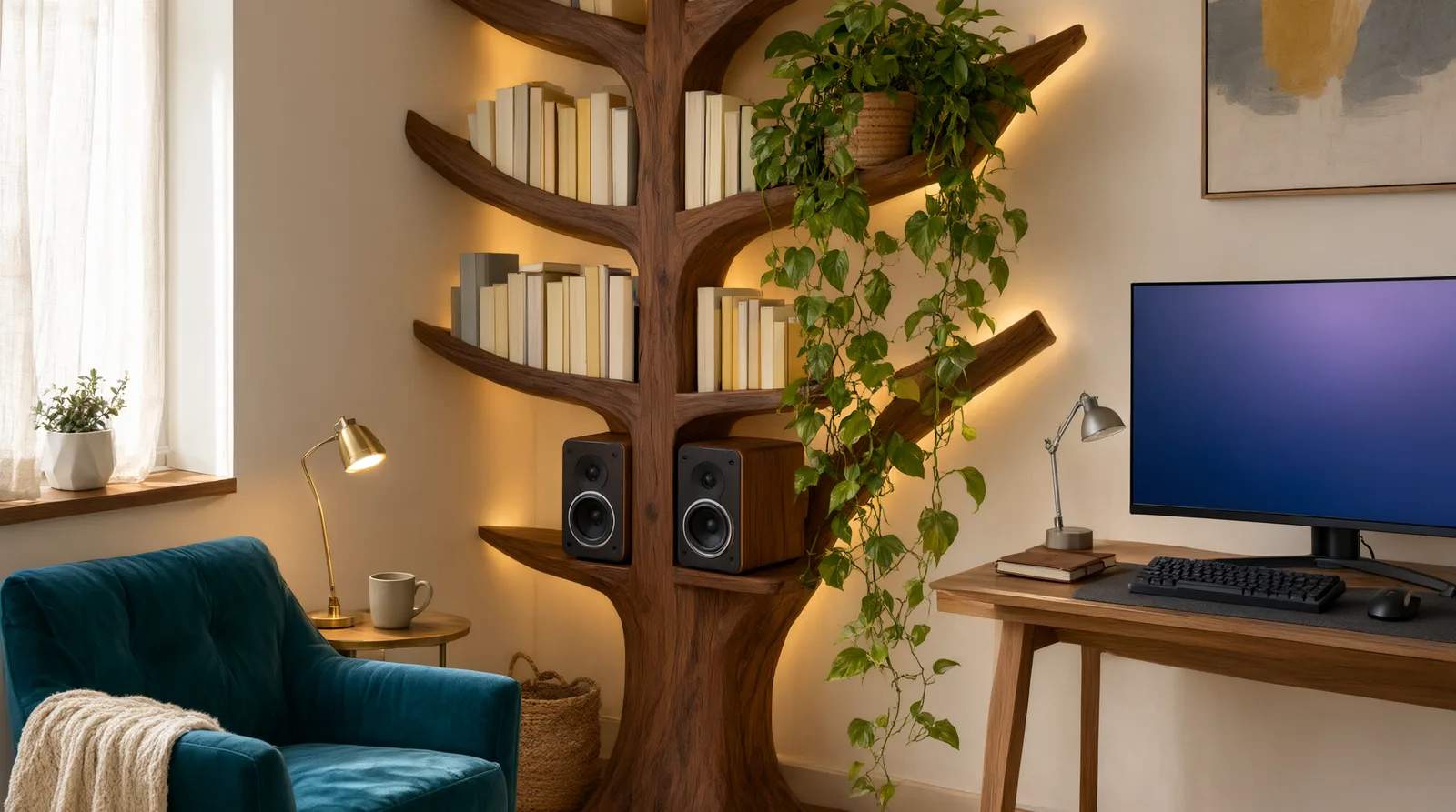 Wooden tree bookshelf holding bookshelf speakers among books and plants, softly lit in a cozy room.