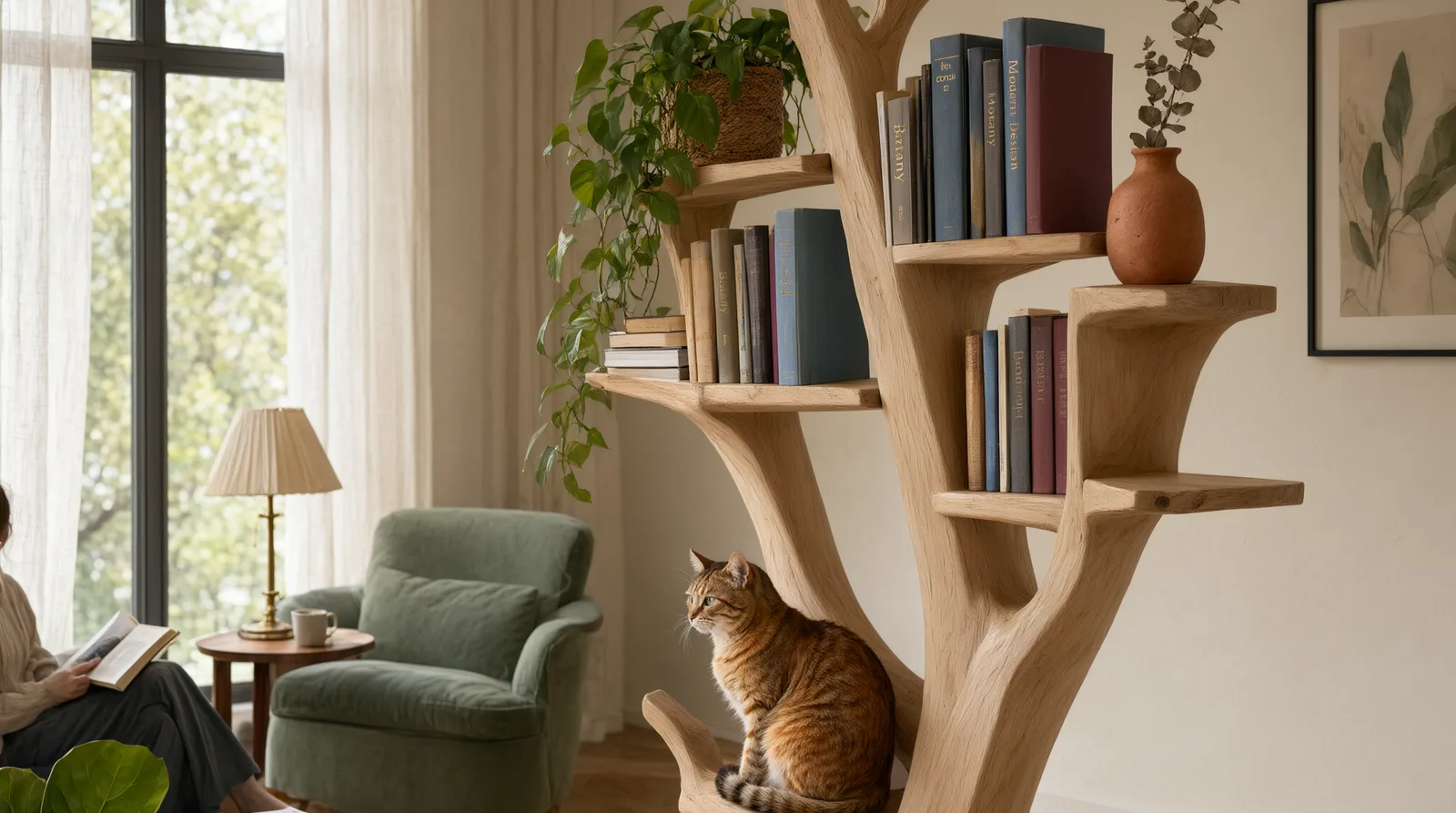 A wooden tree bookshelf in a bright living room, styled with books and plants, with a cat perched on a curved branch, illuminated by natural