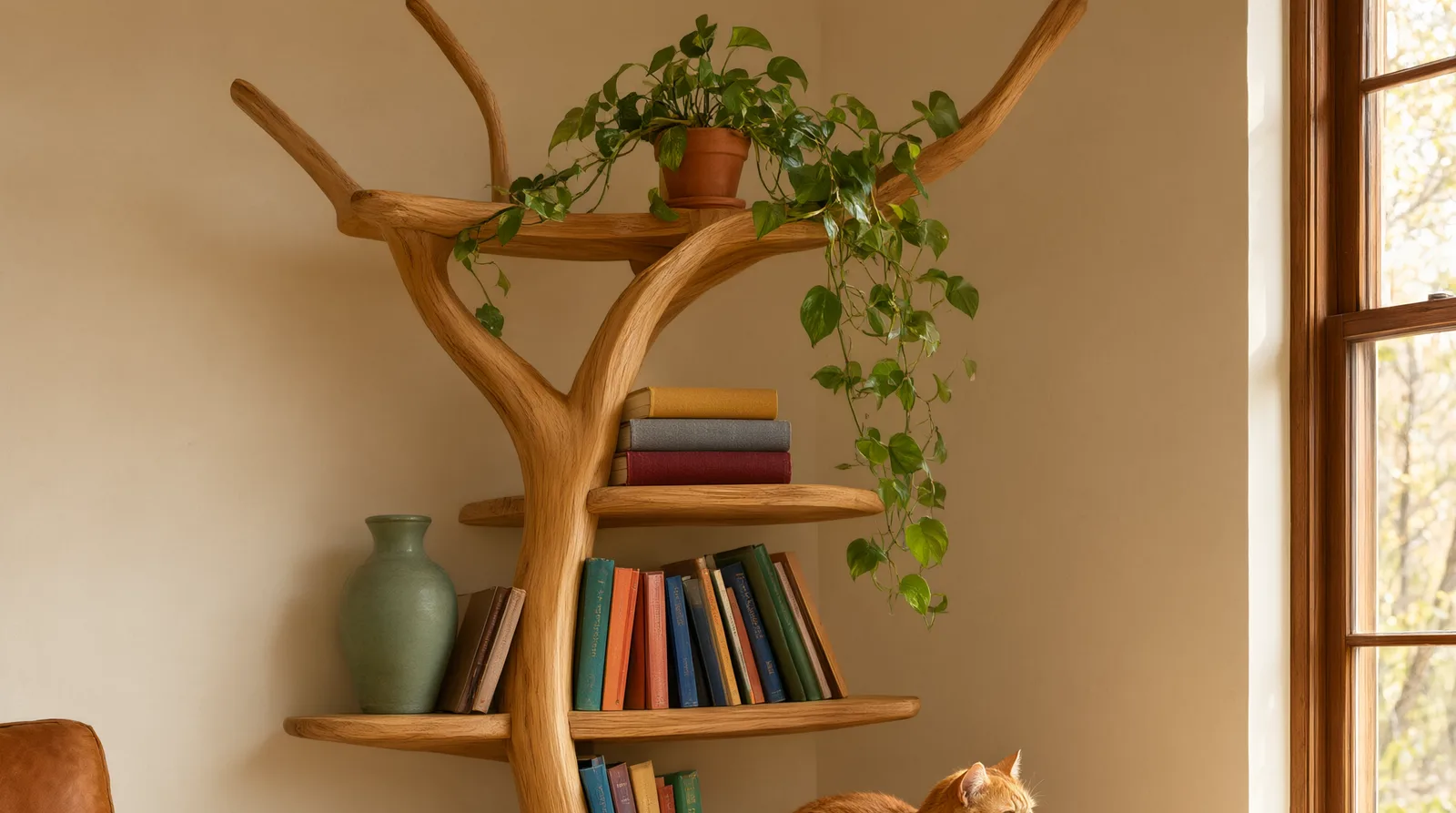 A wooden tree bookshelf styled with books and a plant, with a cat lounging on one of its branch-like shelves in a cozy living room.