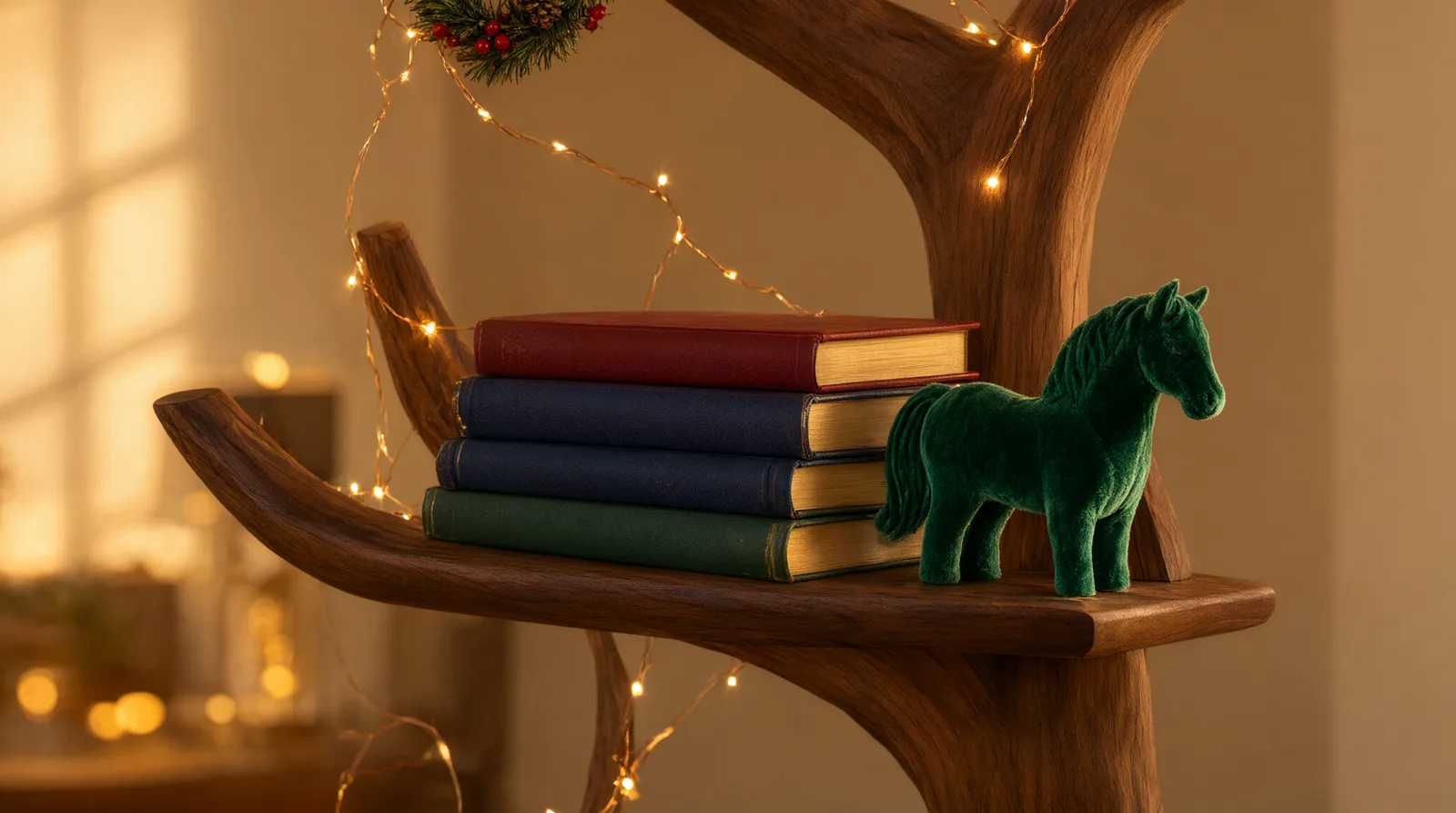 Wooden tree bookshelf decorated with tartan ribbon, wreaths, and lights for a Christmas lodge look.