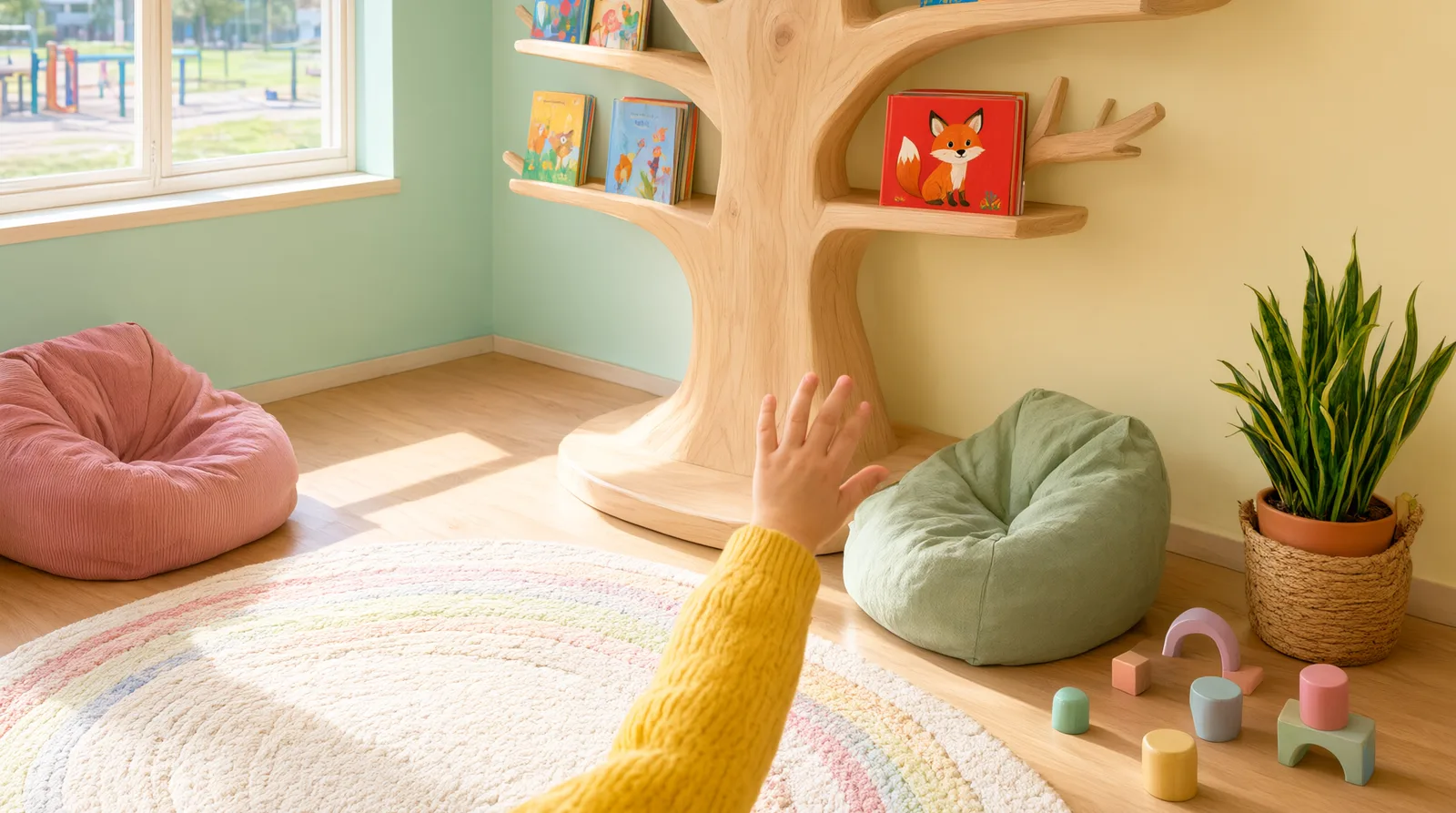Wooden tree bookshelf in a classroom reading corner, with books displayed face-out on branches and cozy seating nearby.