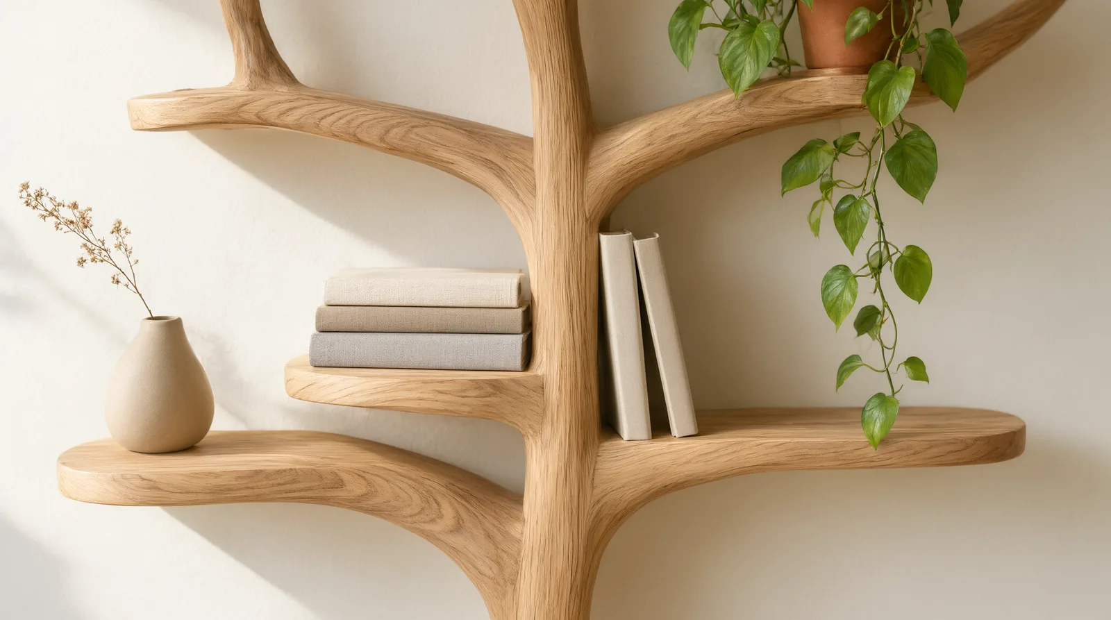Wooden tree bookshelf with natural colby wood finish, styled with books and a potted plant in a sunlit room.