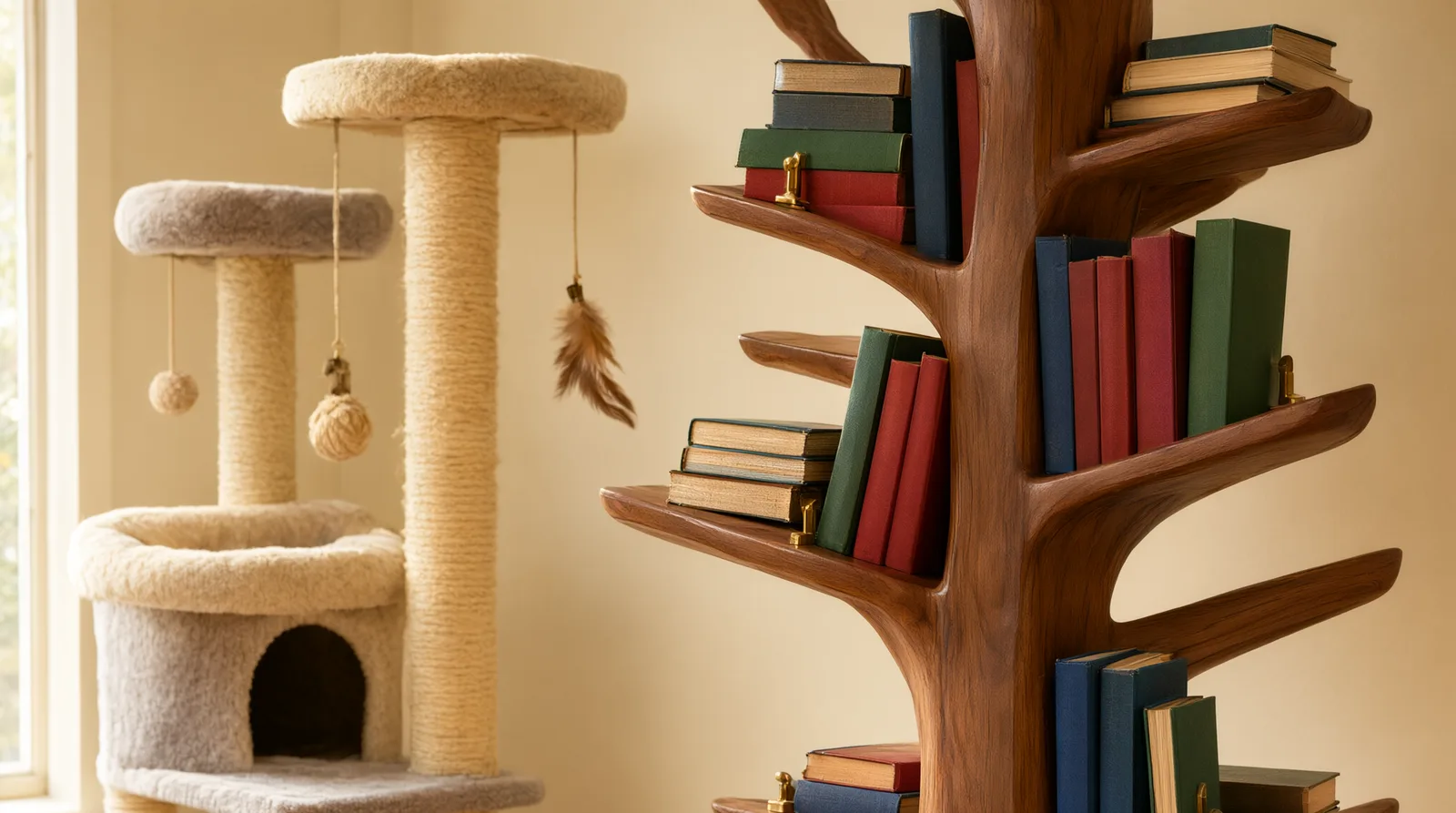 A cat lounging on a wooden tree bookshelf next to a carpeted cat tree in a sunny room, illustrating decorative pet furniture.