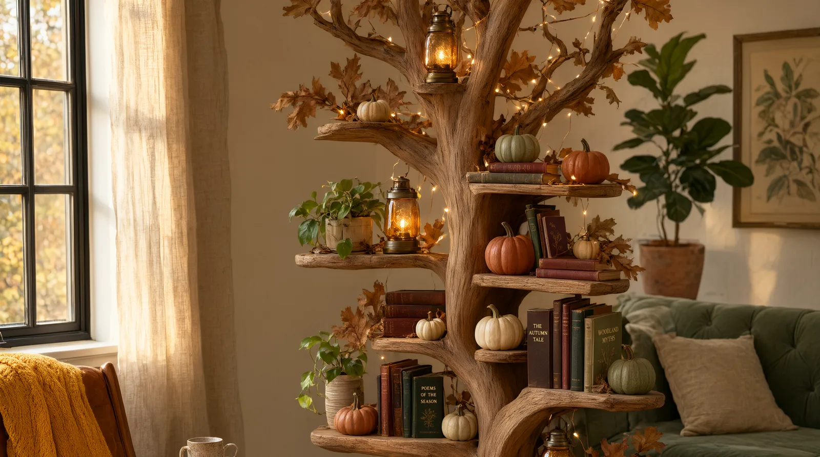 Wooden tree bookshelf lit with warm fall lanterns and twinkle lights, surrounded by pumpkins and autumn leaves.