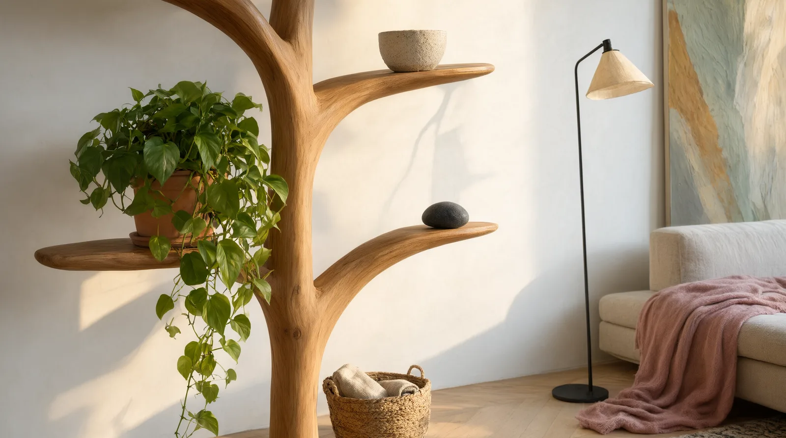 Sculptural wooden tree bookshelf styled with books and ceramics in a sunlit corner, offering a whimsical designer bookcase alternative.