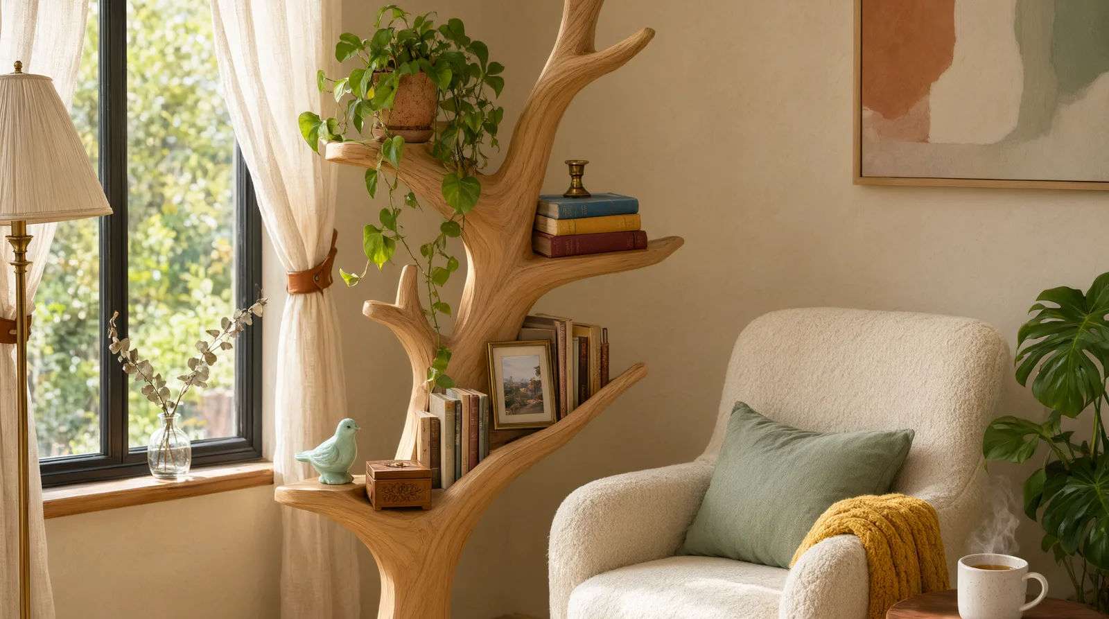 A warm, sunlit living room corner featuring a wooden tree bookshelf styled with a mix of colorful books, a small trailing plant, and a ceram