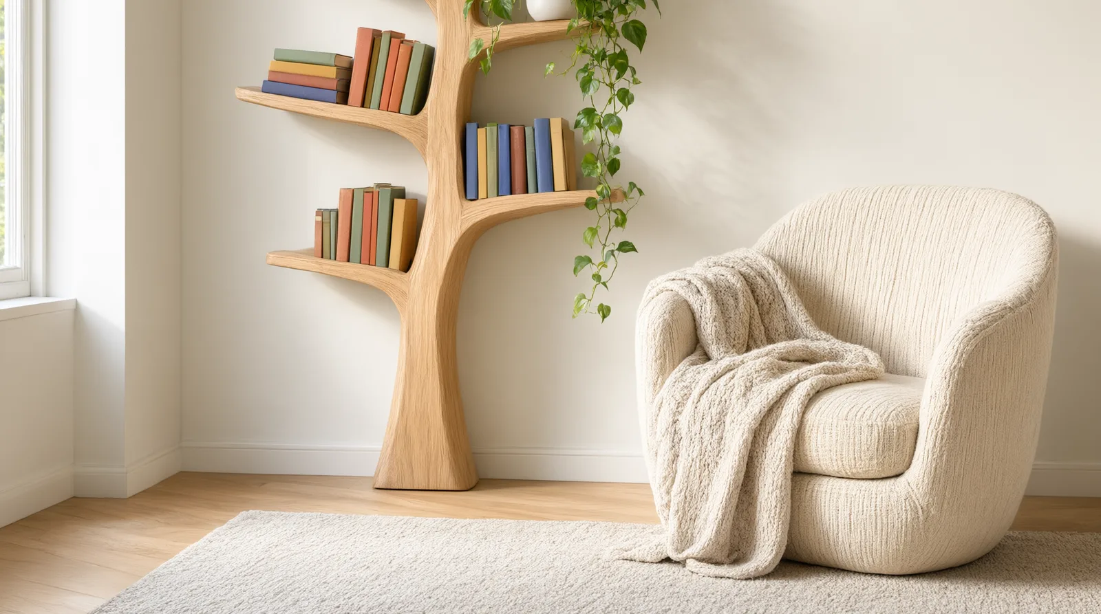 Warmly lit living room corner featuring a sturdy wooden tree bookshelf against a wall, its sculpted branches holding colorful books and a sm