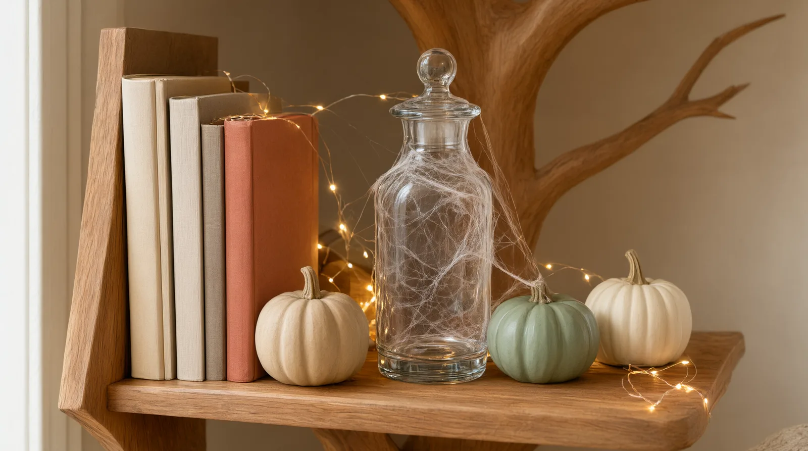Wooden tree bookshelf styled with mini pumpkin figurines, black twig garlands, and glowing string lights against a softly lit fall room back