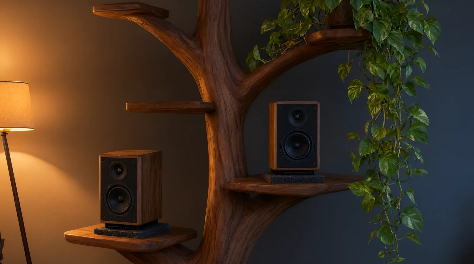 A pair of compact bookshelf speakers resting on a sculptural wooden tree-shaped bookshelf in a warmly lit, cozy living room corner.
