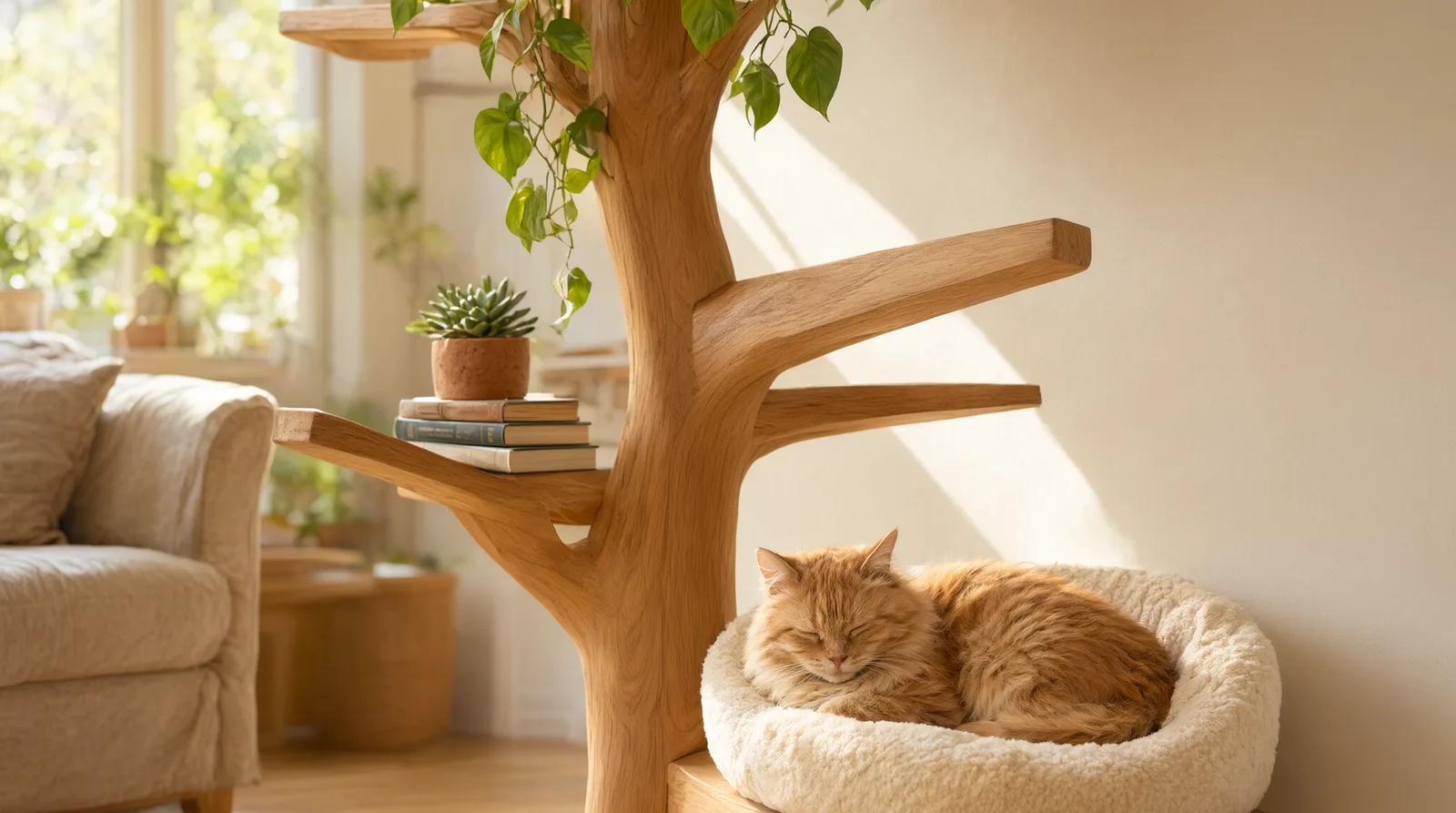 A cat lounging on a soft bed placed on a wooden tree bookshelf in a sunlit living room, with books and a plant on other shelves.