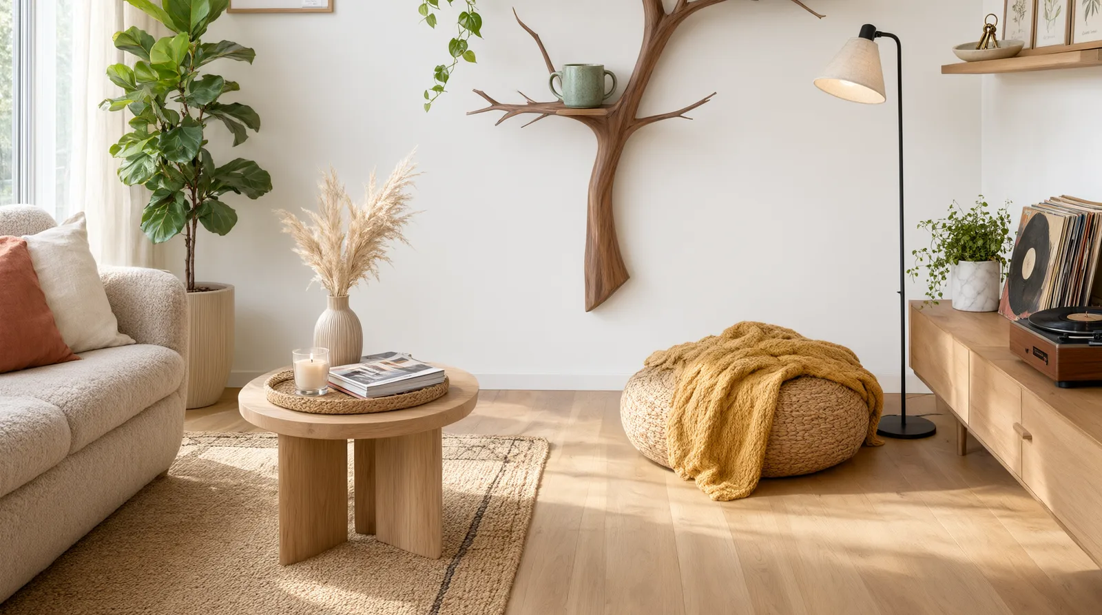 Slim wooden tree bookshelf mounted on a white wall in a bright room, styled with a few books, a small plant, and a mug, beside a cozy floor 