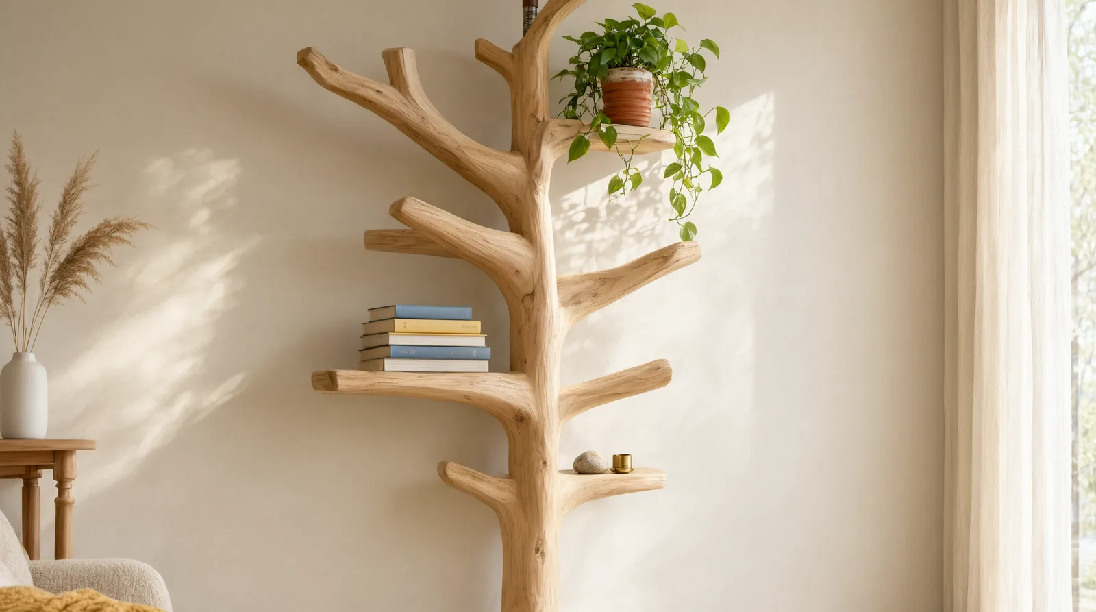 Freestanding wooden tree bookshelf held by tension between floor and ceiling, with books and a small plant on its branch-like shelves in a s