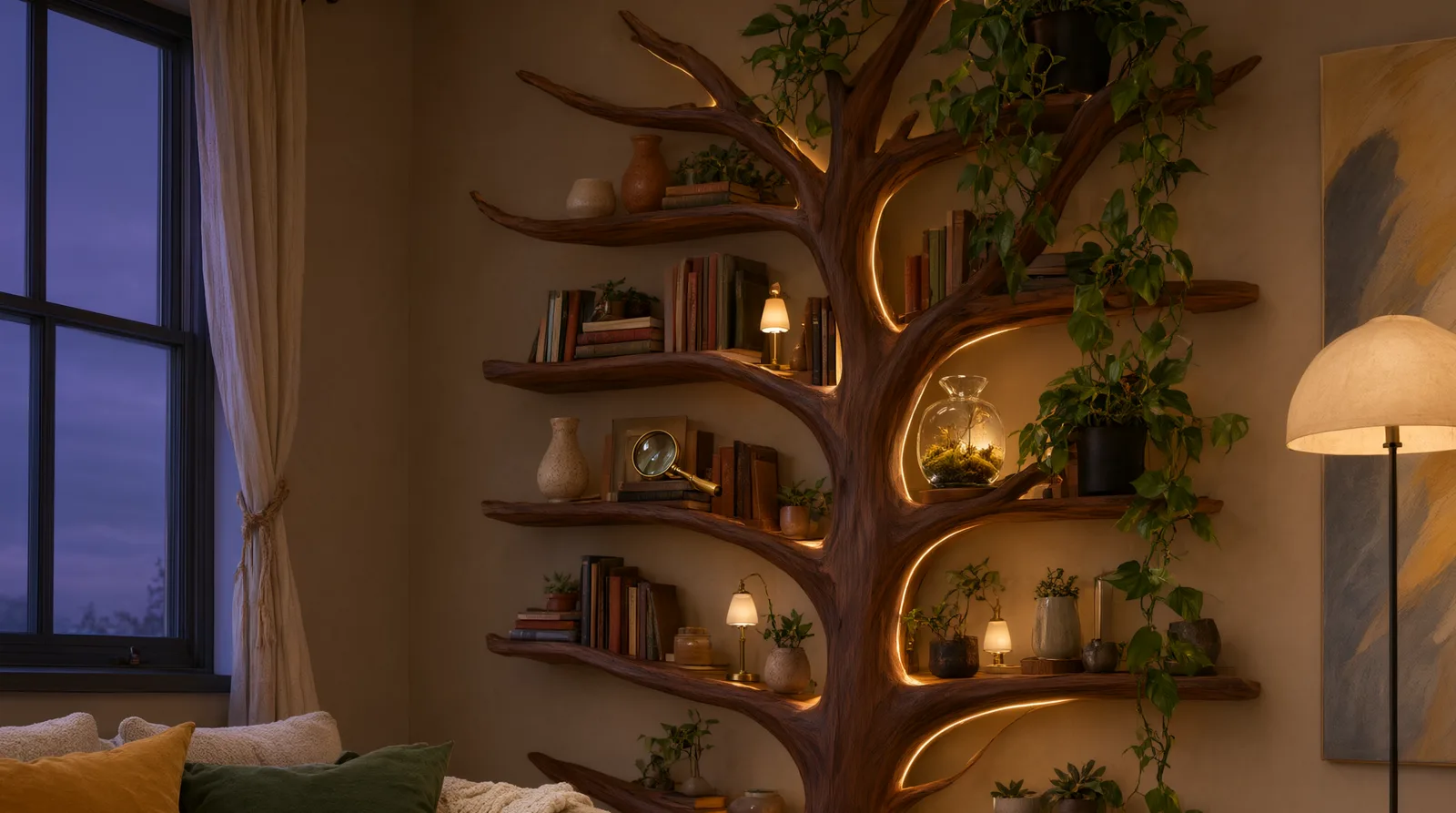 A wooden tree bookshelf with warm LED lighting tracing its branches, creating a cozy, magical ambiance in a living room.