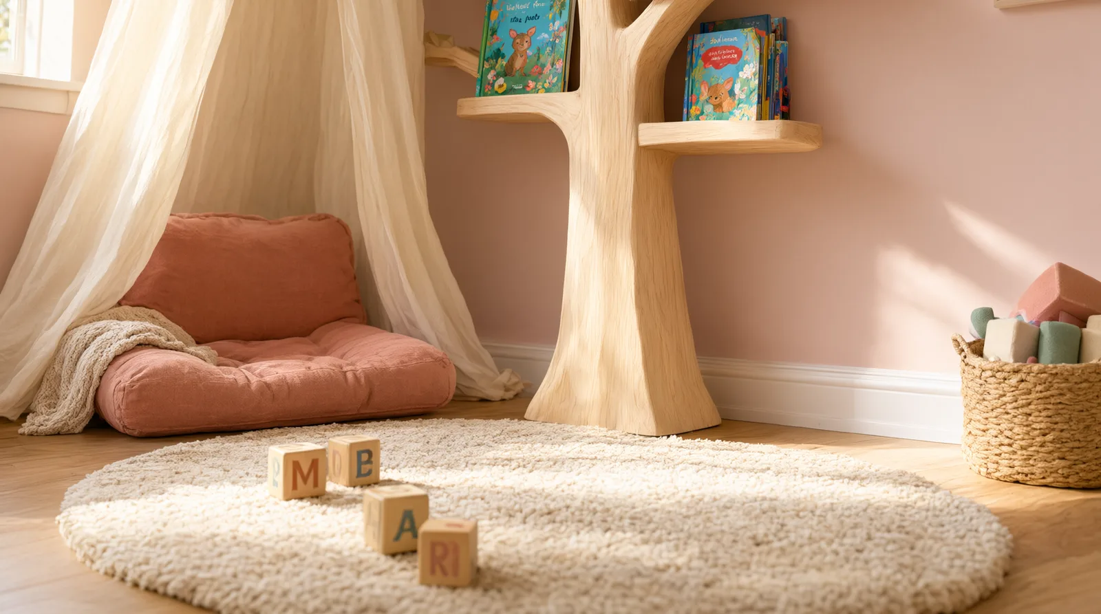 Wooden tree bookshelf in a child's reading nook with picture books and toys, bathed in soft daylight.
