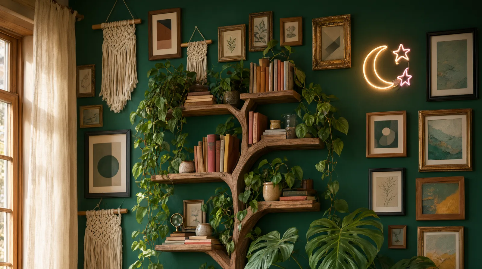 Maximalist wall with a wooden tree bookshelf, art gallery, and greenery on a boldly painted green wall.