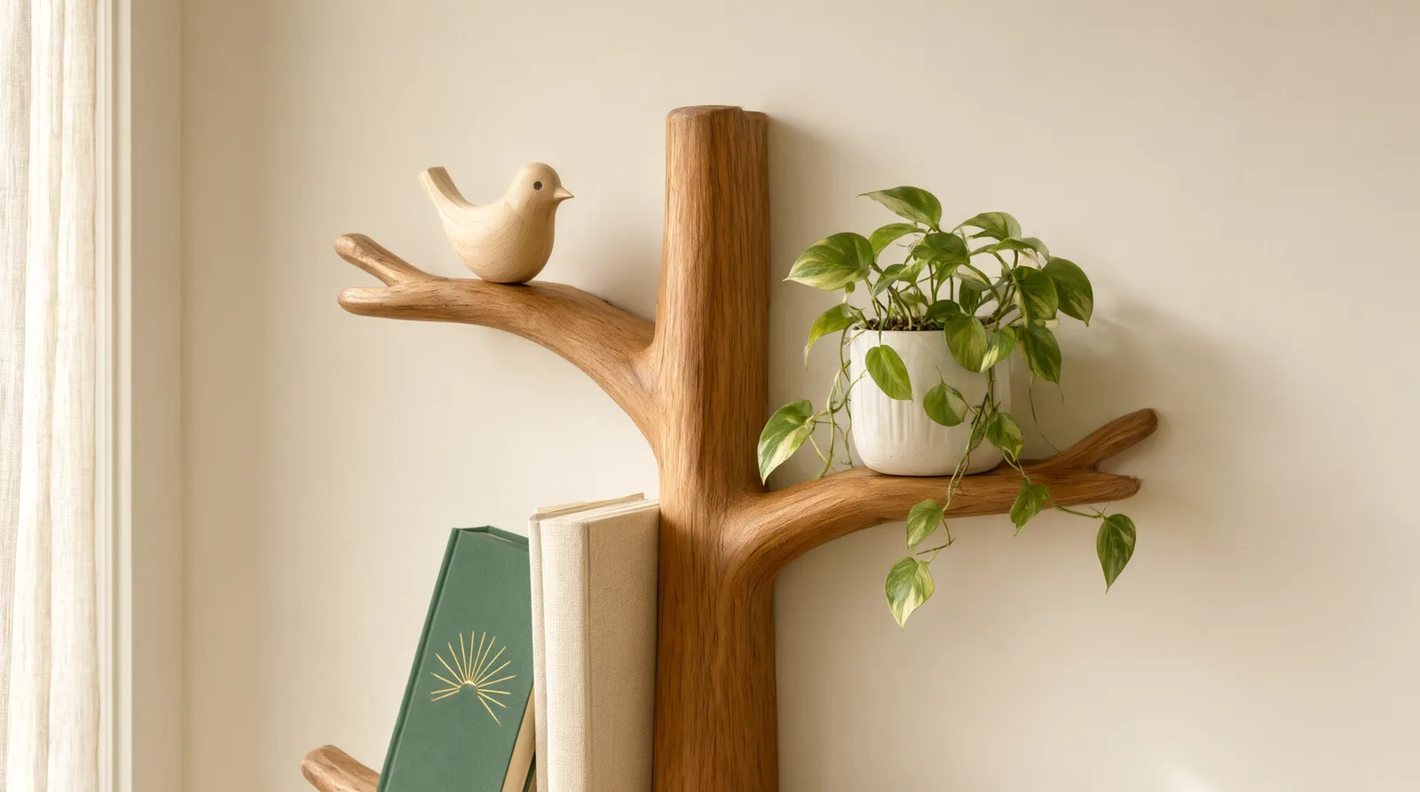 Wall-mounted wooden tree bookshelf with curved branches holding books, trailing plants, and a small framed print, against a soft cream wall,
