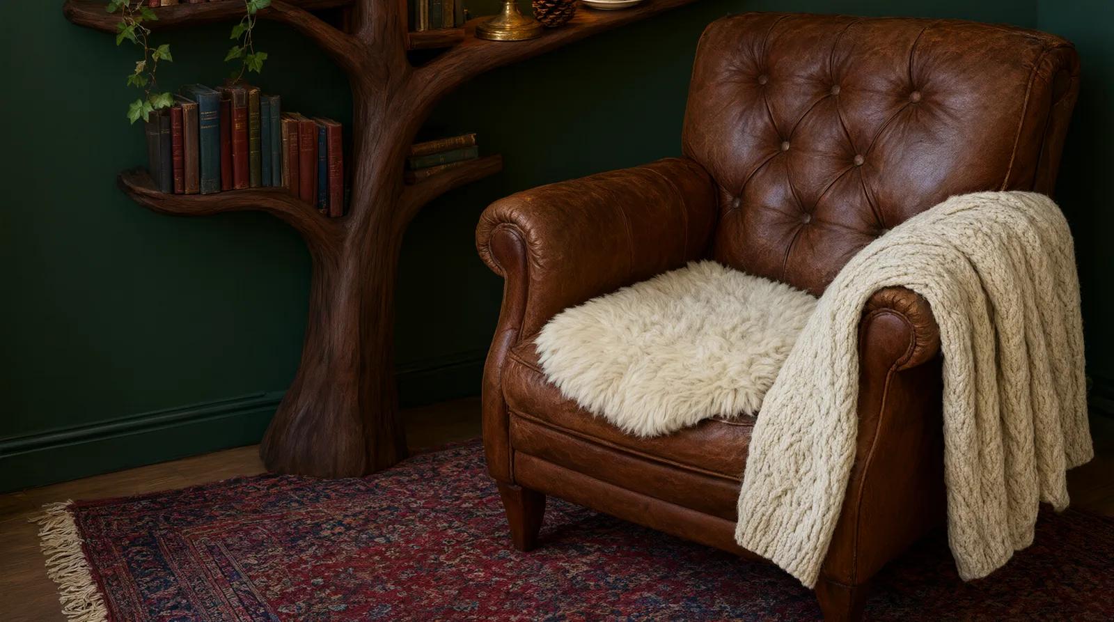A cozy reading nook with a warm-lit wooden tree bookshelf styled with vintage books, a lamp, and trailing ivy beside a leather armchair in a