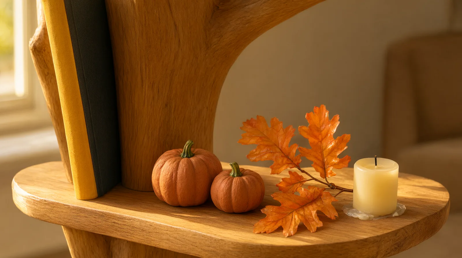 Close-up of a wooden tree bookshelf branch shelf styled with mini pumpkins, artificial fall leaves, a small candle, and a book, in warm afte
