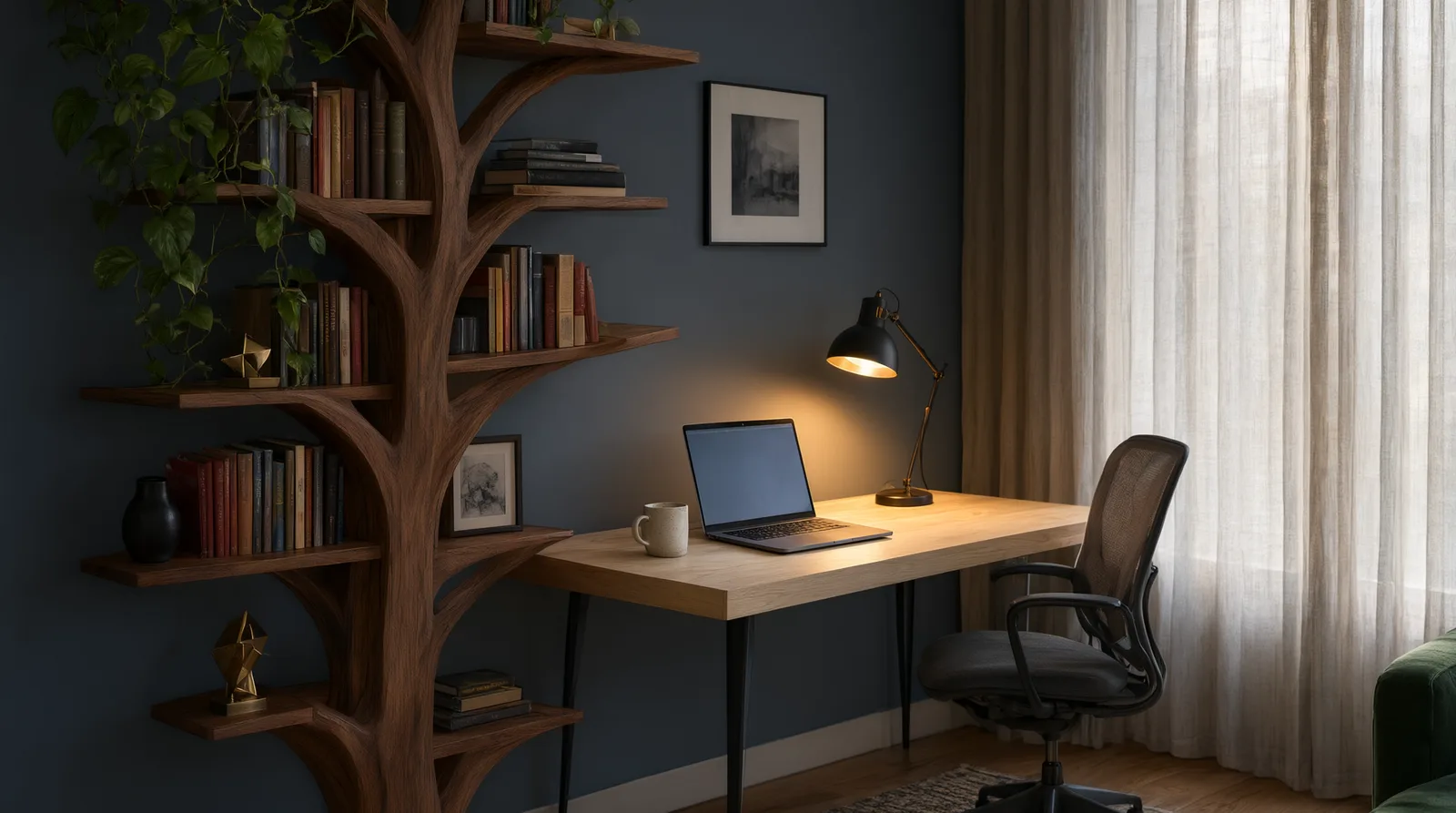 A wooden tree bookshelf standing as a room divider, framing a small desk with a laptop, books, and a glowing lamp in a moody, renter-friendl