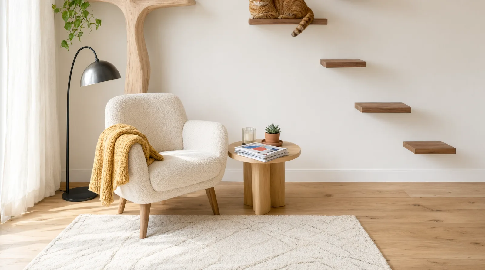A bright living room corner with a wooden tree bookshelf beside a chic wall-mounted cat tree, with a cat relaxing on a mid-level platform, s