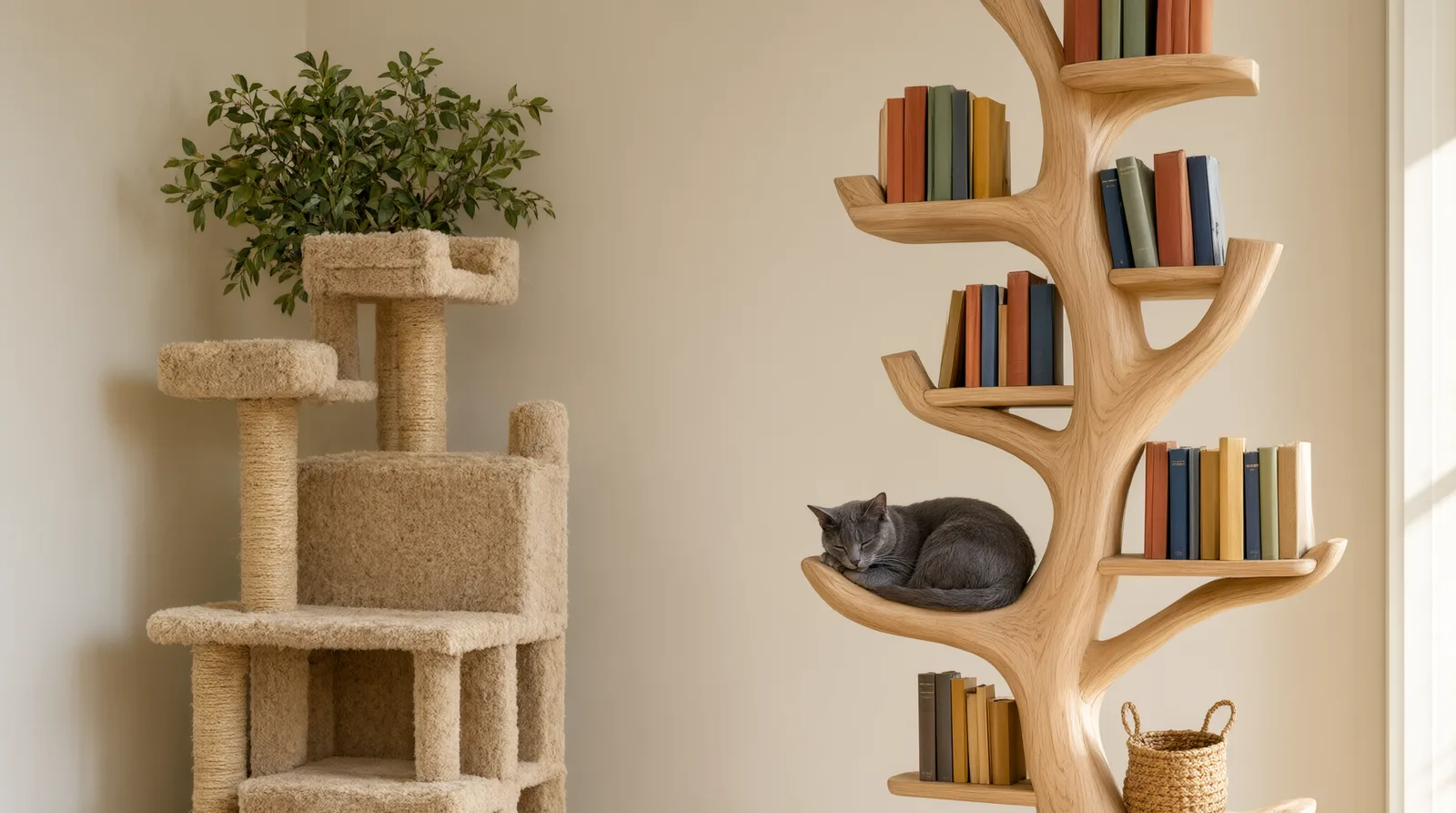 Side-by-side comparison showing a beige carpet cat tree next to a warm, sculptural wooden tree bookshelf with a sleeping cat in a stylish li