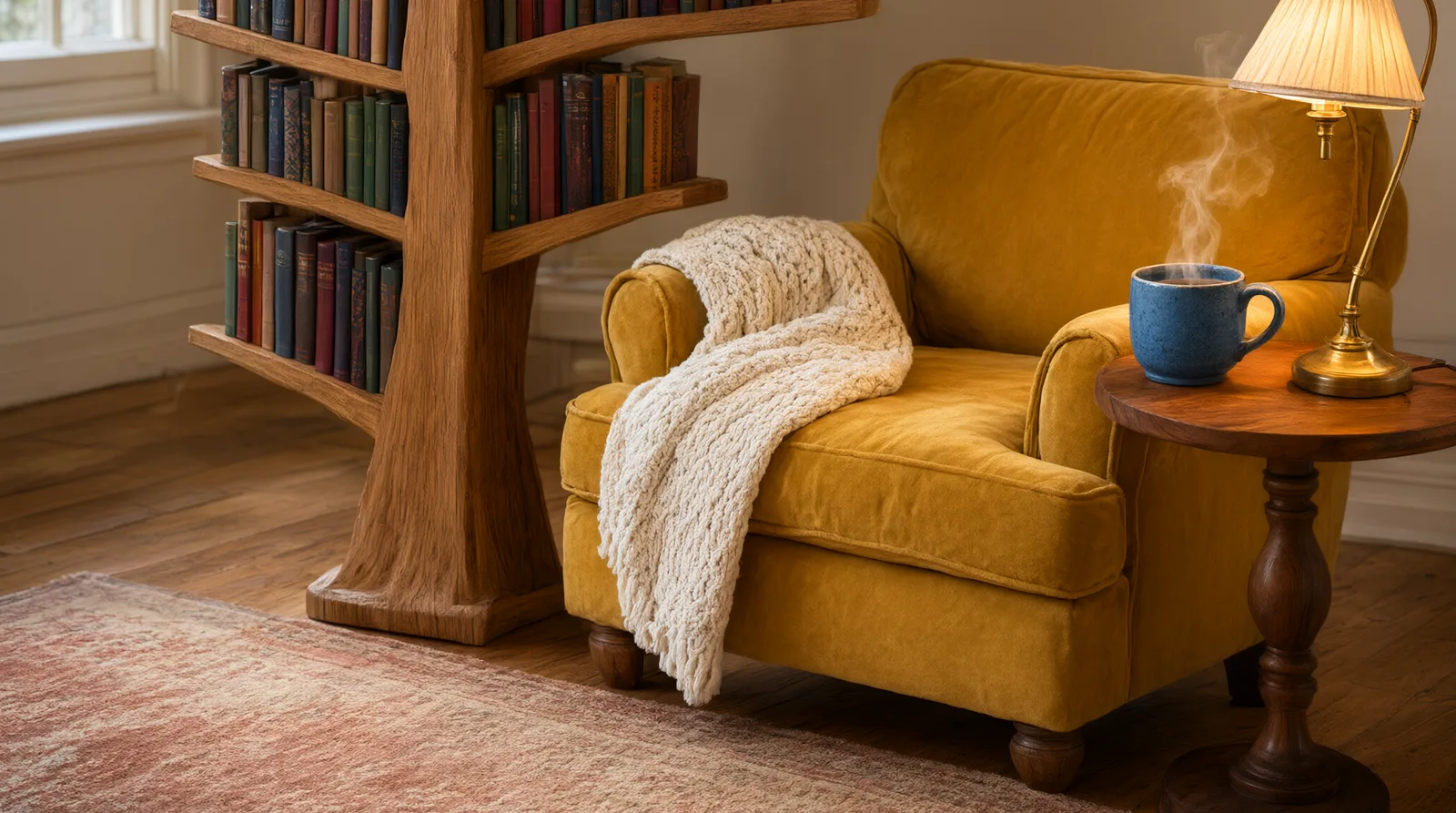 Cozy reading nook with a wooden tree bookshelf beside an armchair draped in a throw blanket, a steaming mug on a side table, and warm natura