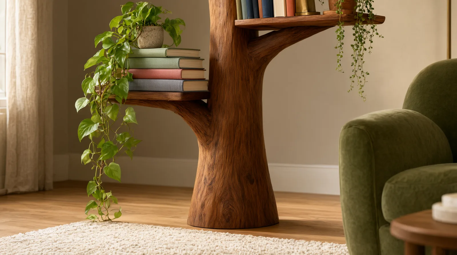 A wooden tree bookshelf with natural branches holding books and a small potted plant, set in a sunlit corner of a living room.