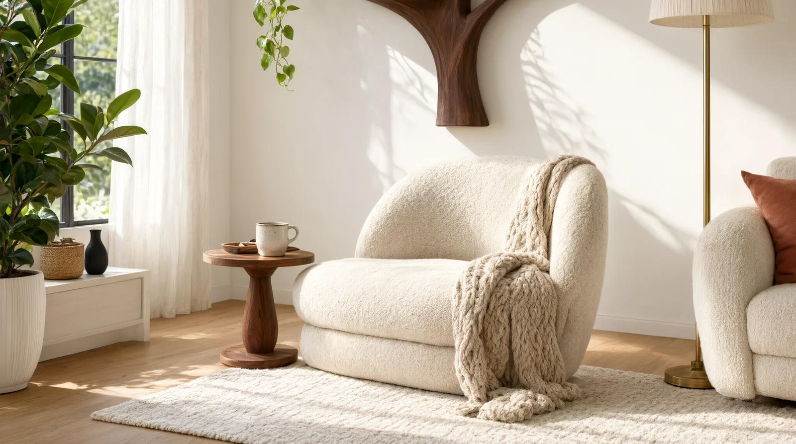 A sculptural wooden wall-mounted tree bookshelf styled with a plant, books, and a ceramic object in a sunlit living room, demonstrating the 