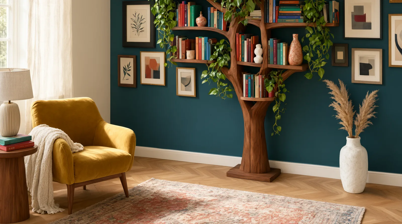 Wooden tree bookshelf as centerpiece of a maximalist accent wall with books, trailing plants and layered artwork.