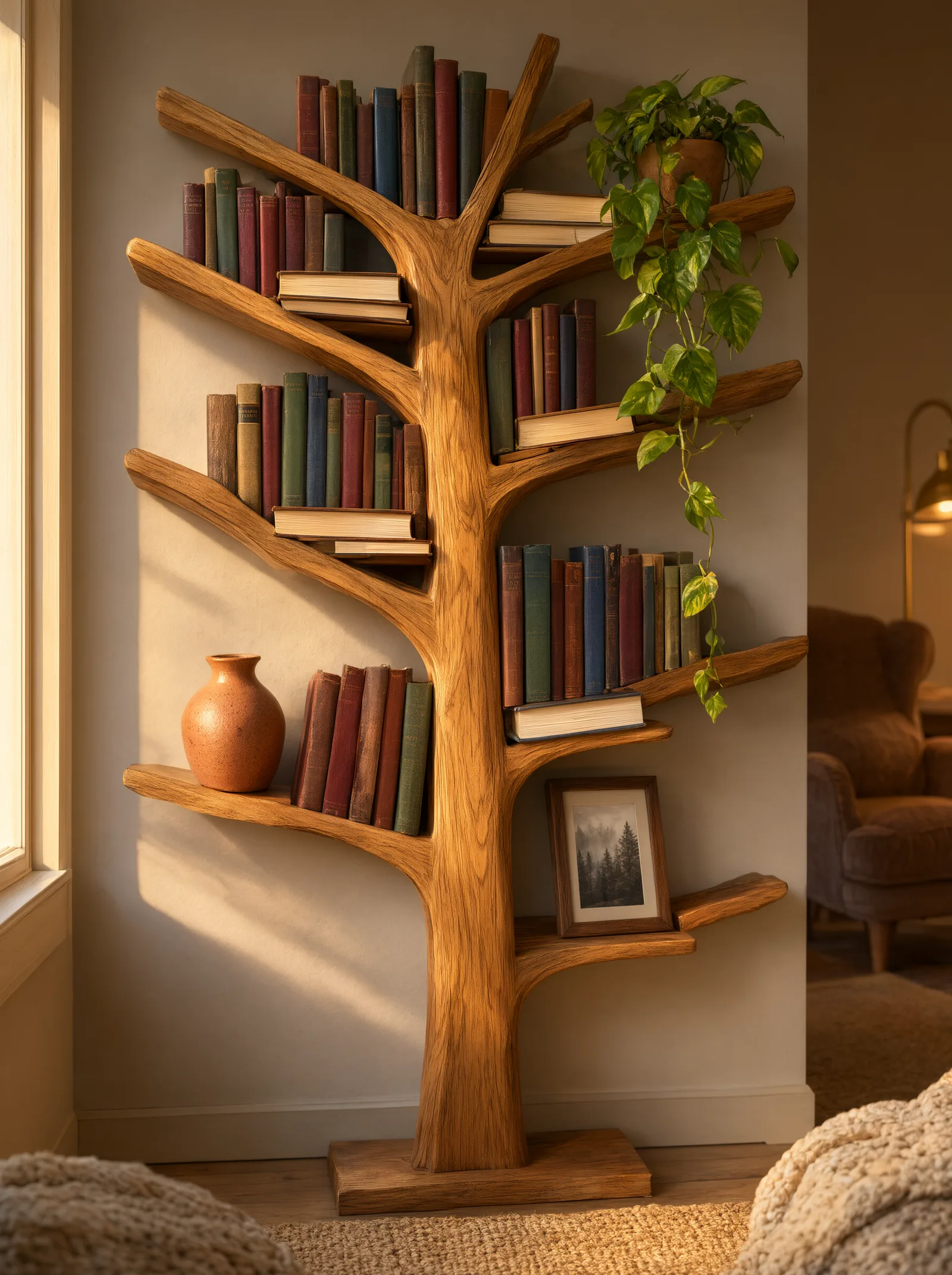 Wooden tree bookshelf styled with colorful books, small potted plants, a framed photo, and soft lamp light in a cozy corner.