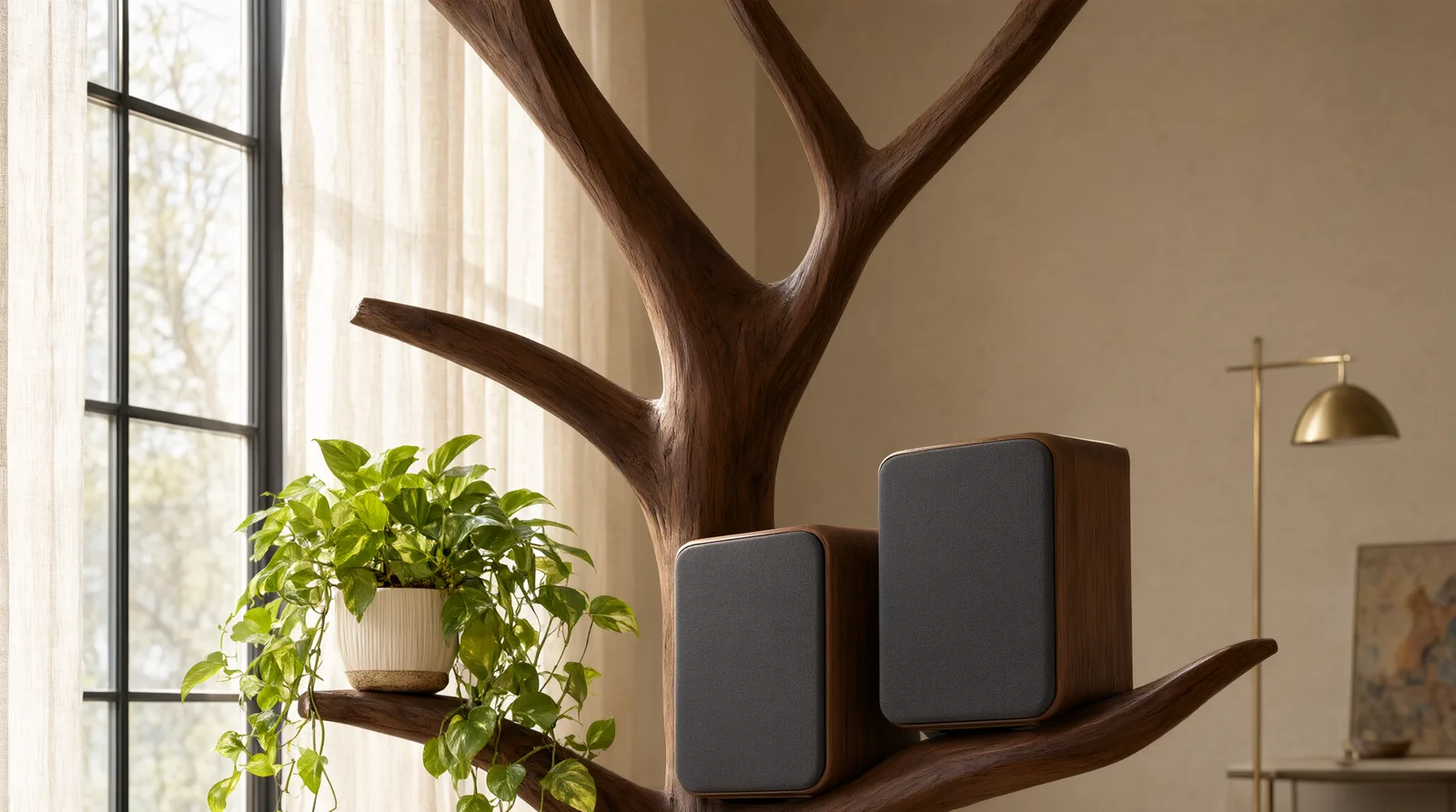 Compact audiophile speakers resting on wooden tree bookshelf branches, integrated with books and a trailing plant in a cozy room.
