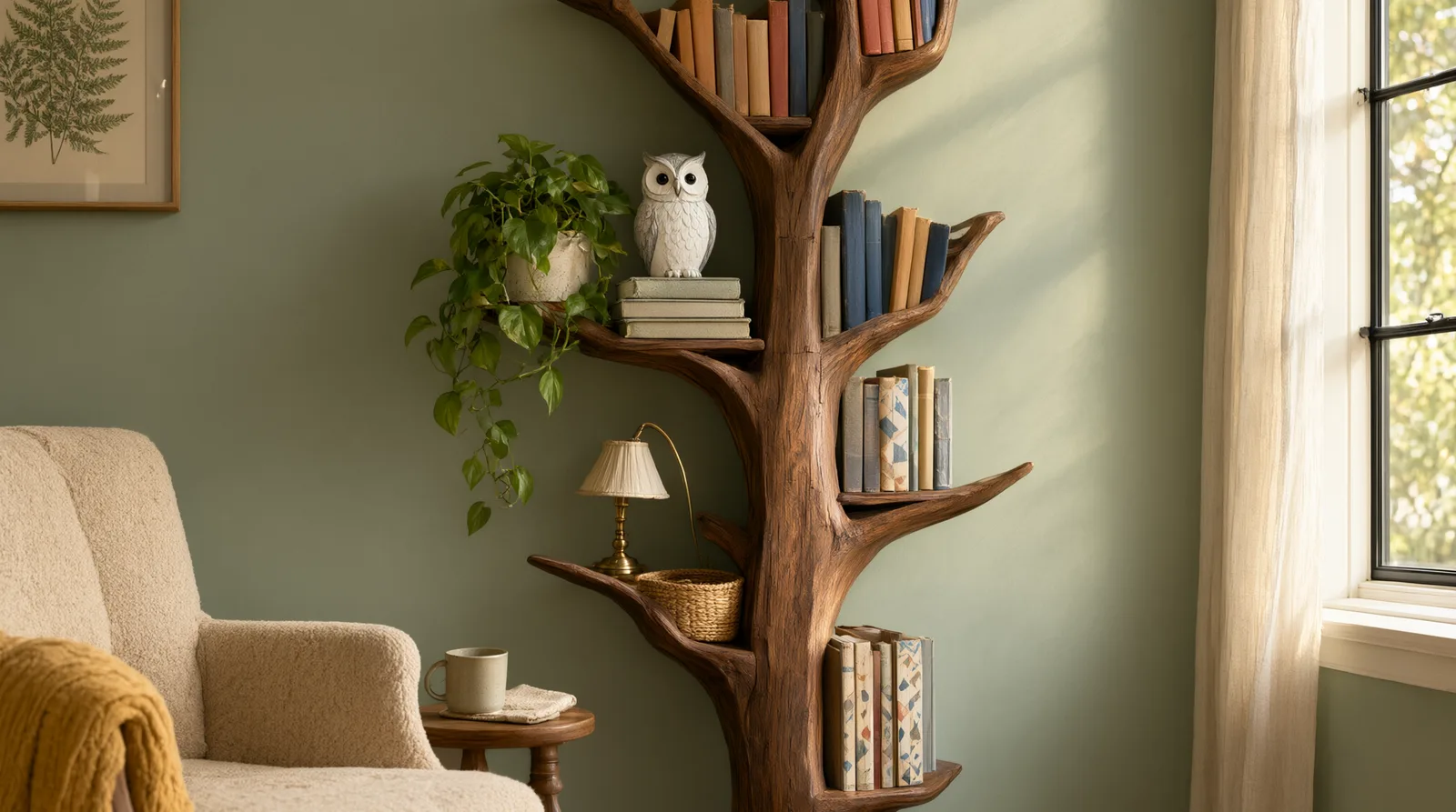 A styled wooden tree bookshelf in a reading nook, with curated book clusters and a trailing plant, illuminated by warm window light against