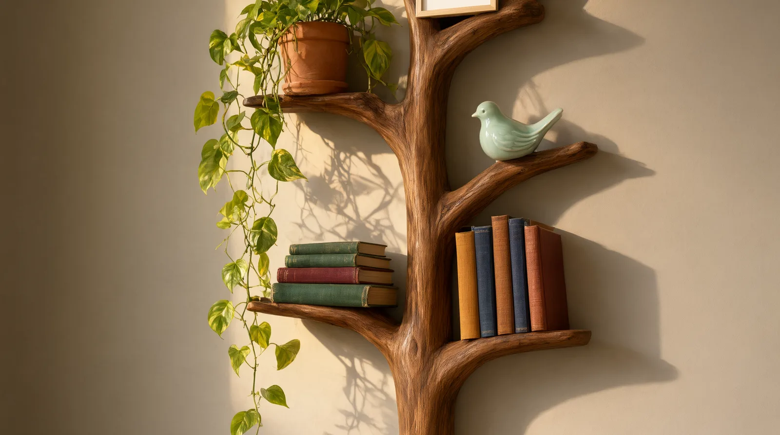 Wooden tree wall bookshelf with books and plants on a warm wall