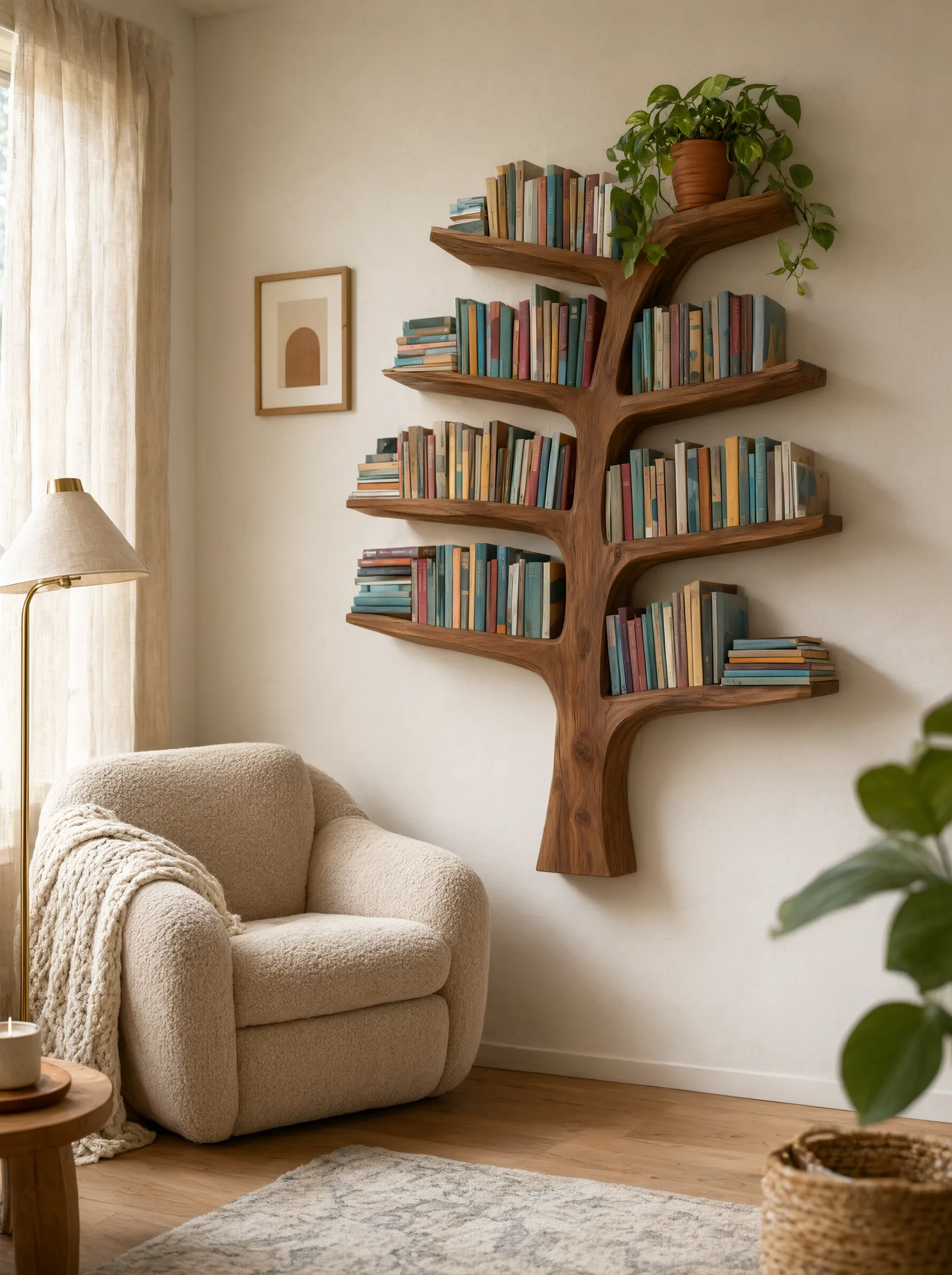 Wooden tree bookshelf on wall with books and a reading chair, demonstrating space-saving home design.