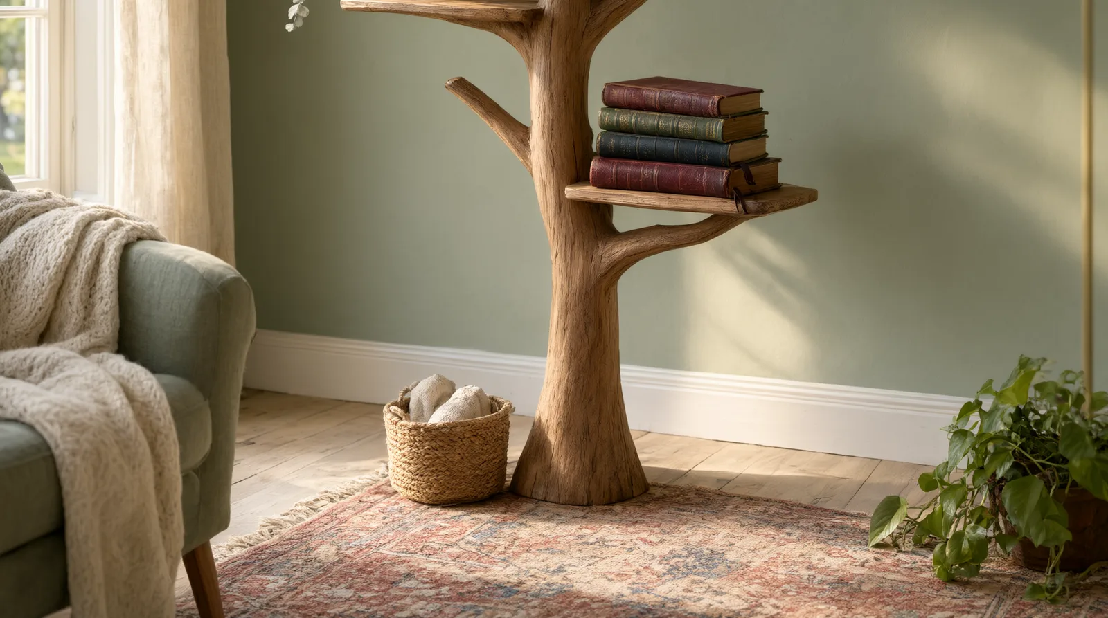 A sculptural wooden tree bookshelf styled with vintage books, a brass candlestick, and dried botanicals in a sunlit room with soft, nostalgi