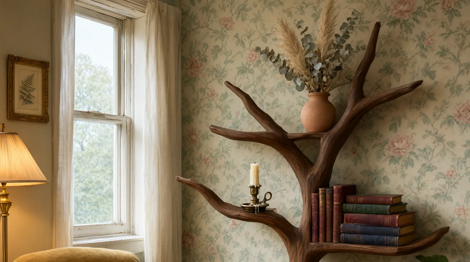 Vintage wooden tree bookshelf styled with antique books and dried flowers, mounted on a wall with botanical wallpaper.