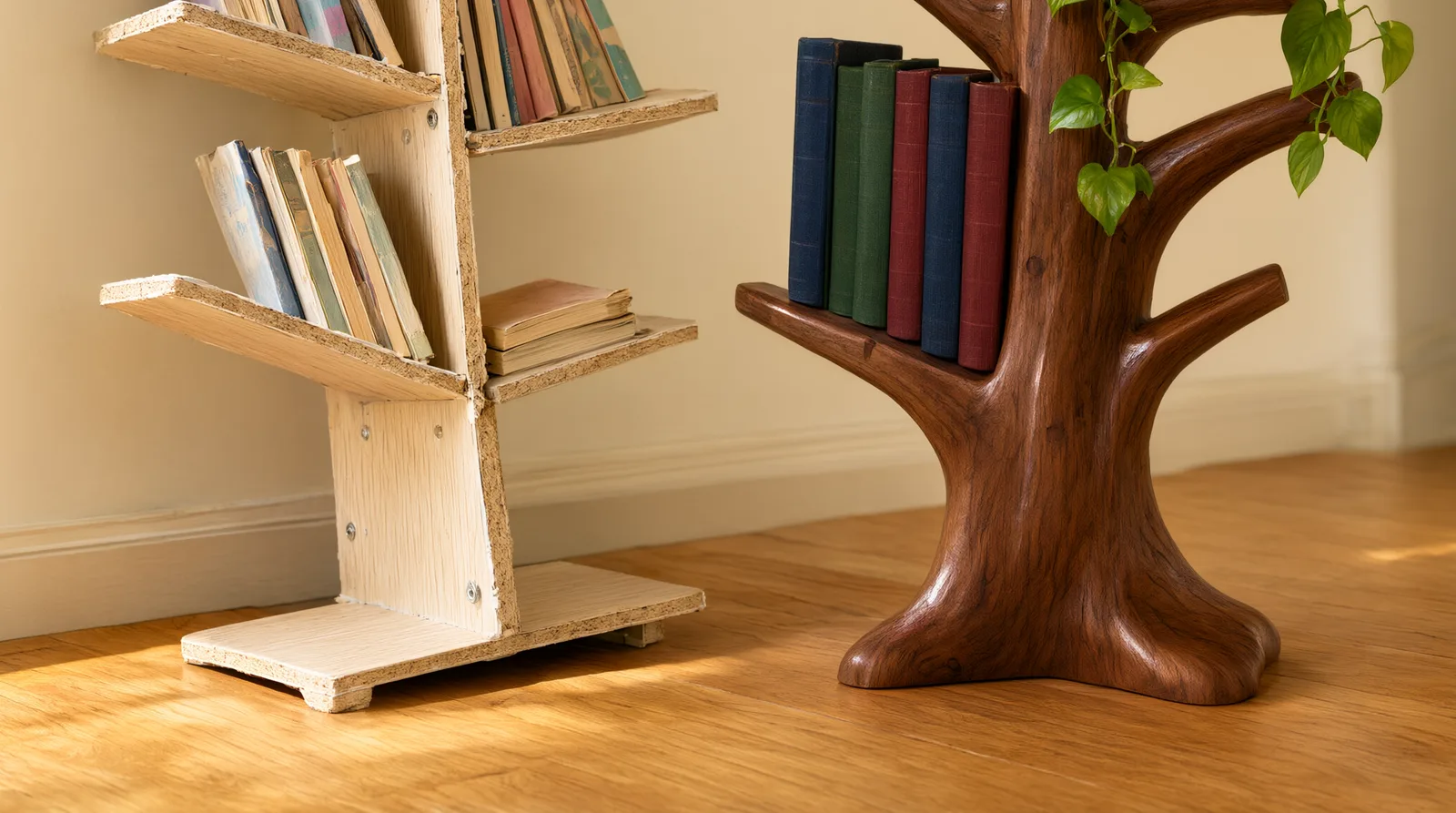 Side-by-side comparison of a particle board Walmart tree bookshelf and a solid wood Lunelleify tree bookshelf, showing stability and materia