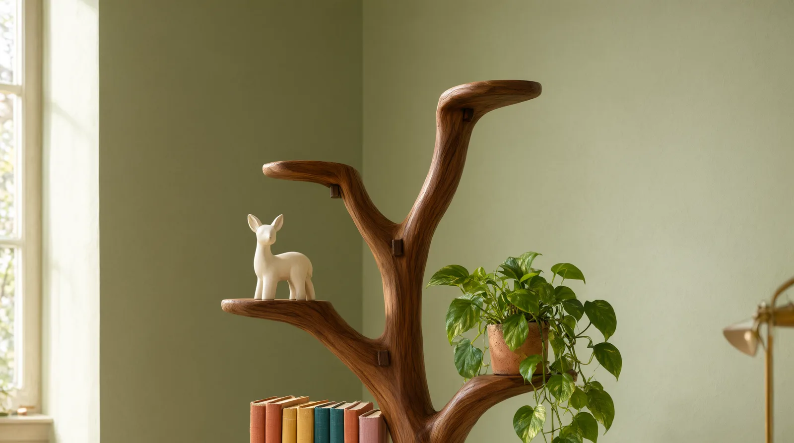 Handcrafted wooden tree bookshelf styled with colorful books and a trailing plant in a sunlit corner, showcasing durable whimsical design.