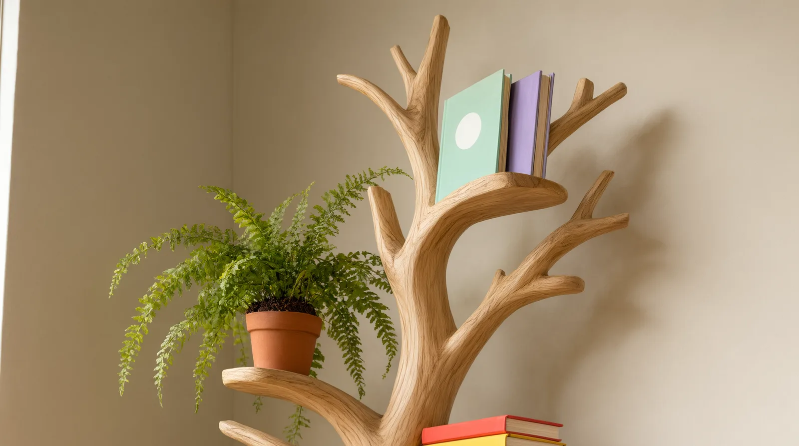 Wooden tree bookshelf with books and a potted plant on its branches in a softly lit room.