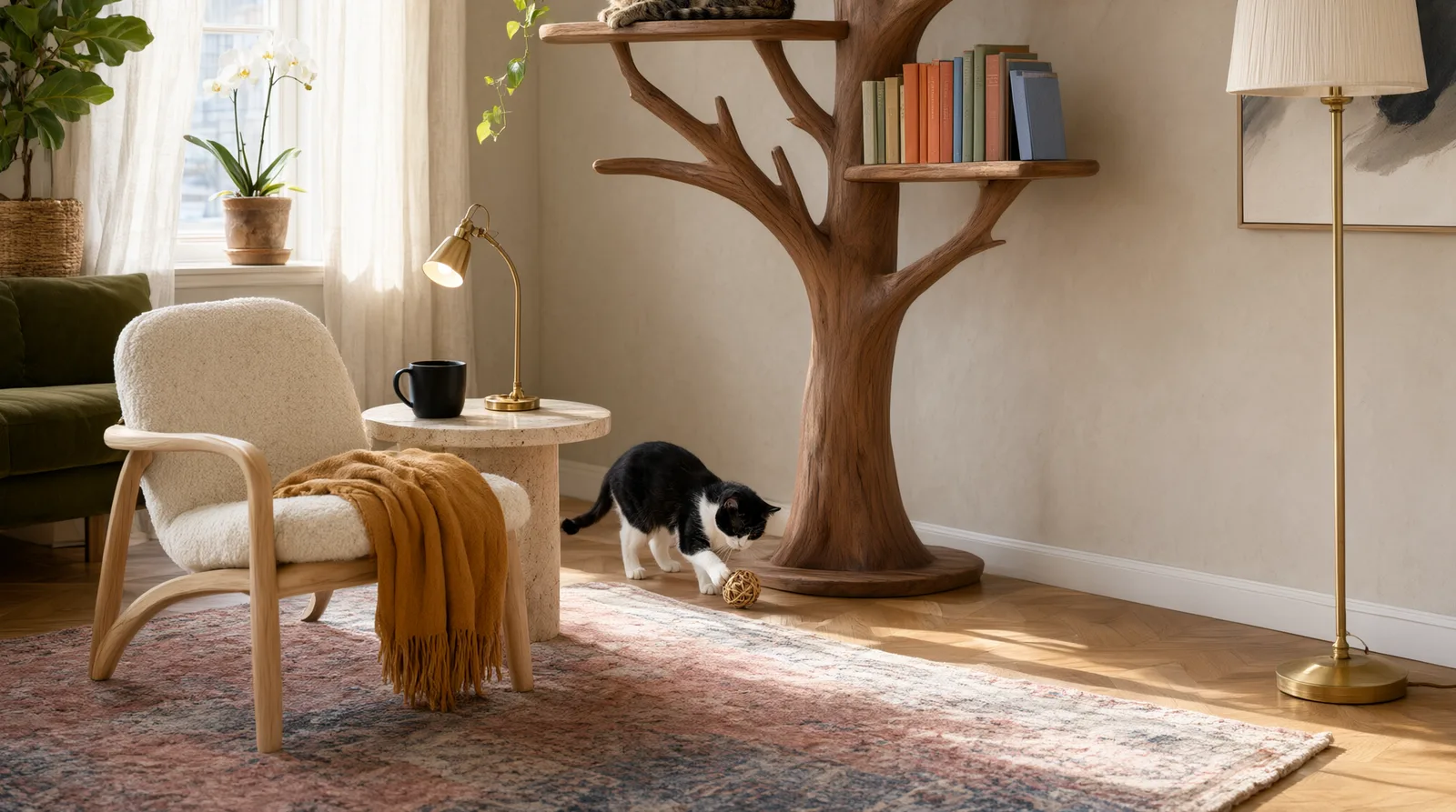 Wooden cat climbing bookshelf with branching shelves, a cat lounging, books, and a plant in a sunlit room.