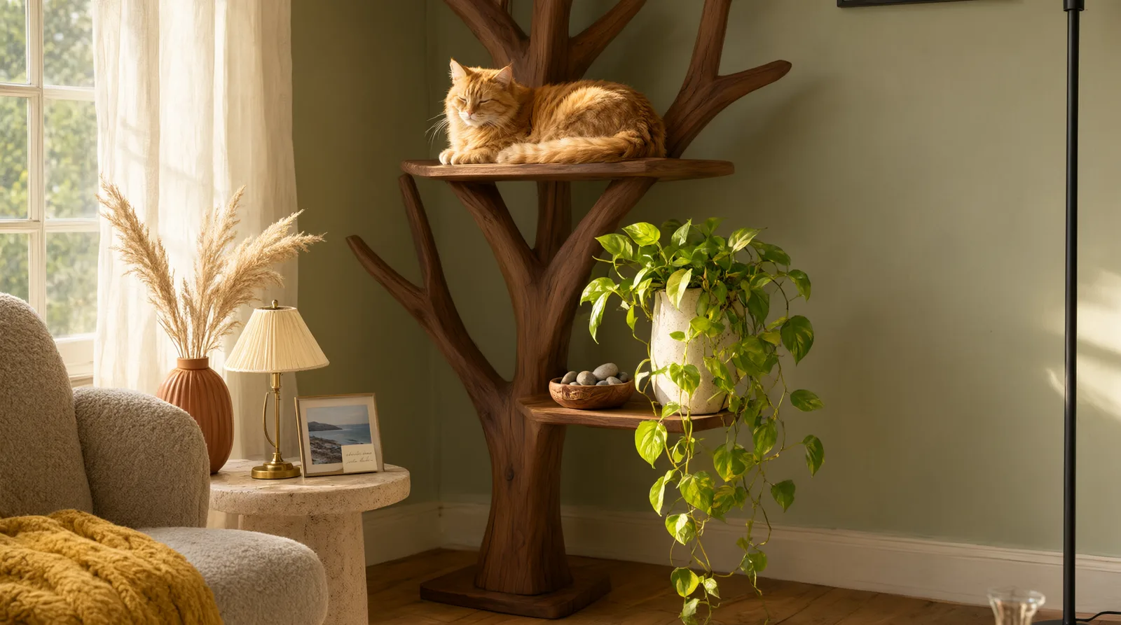 Wooden tree bookshelf with a cat resting on a branch shelf in a bright living room.