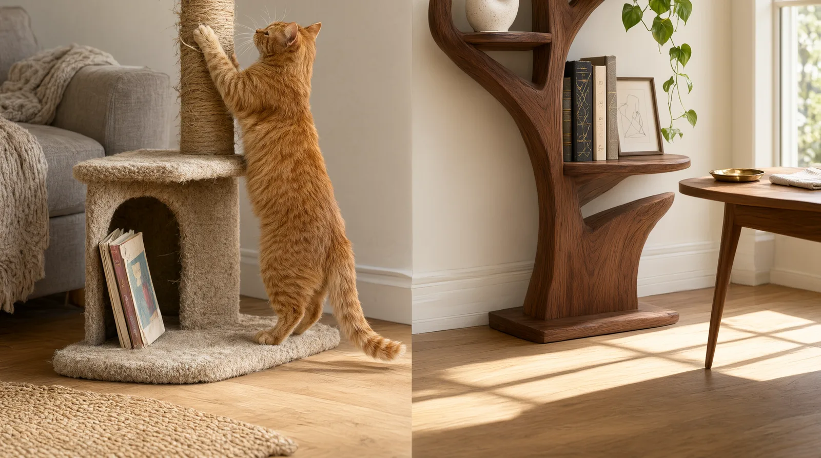Side-by-side comparison of a carpeted cat tree holding a cat and a few books, next to a solid wood tree bookshelf styled with hardcover book