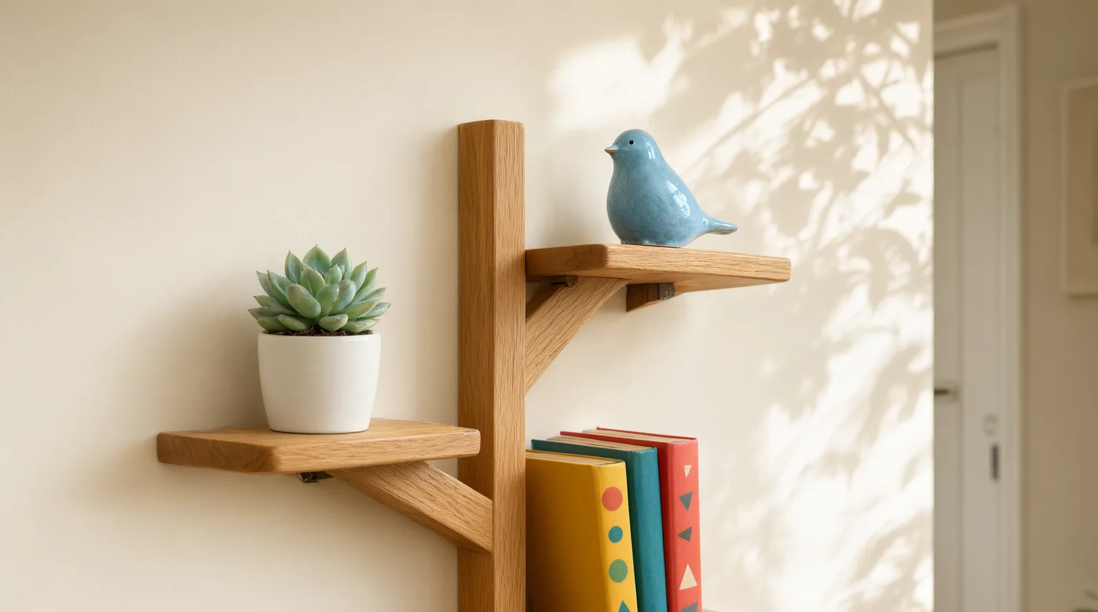 Wooden tree-shaped wall bookshelf used as an organizer in a small entryway with books, a basket, and a plant.